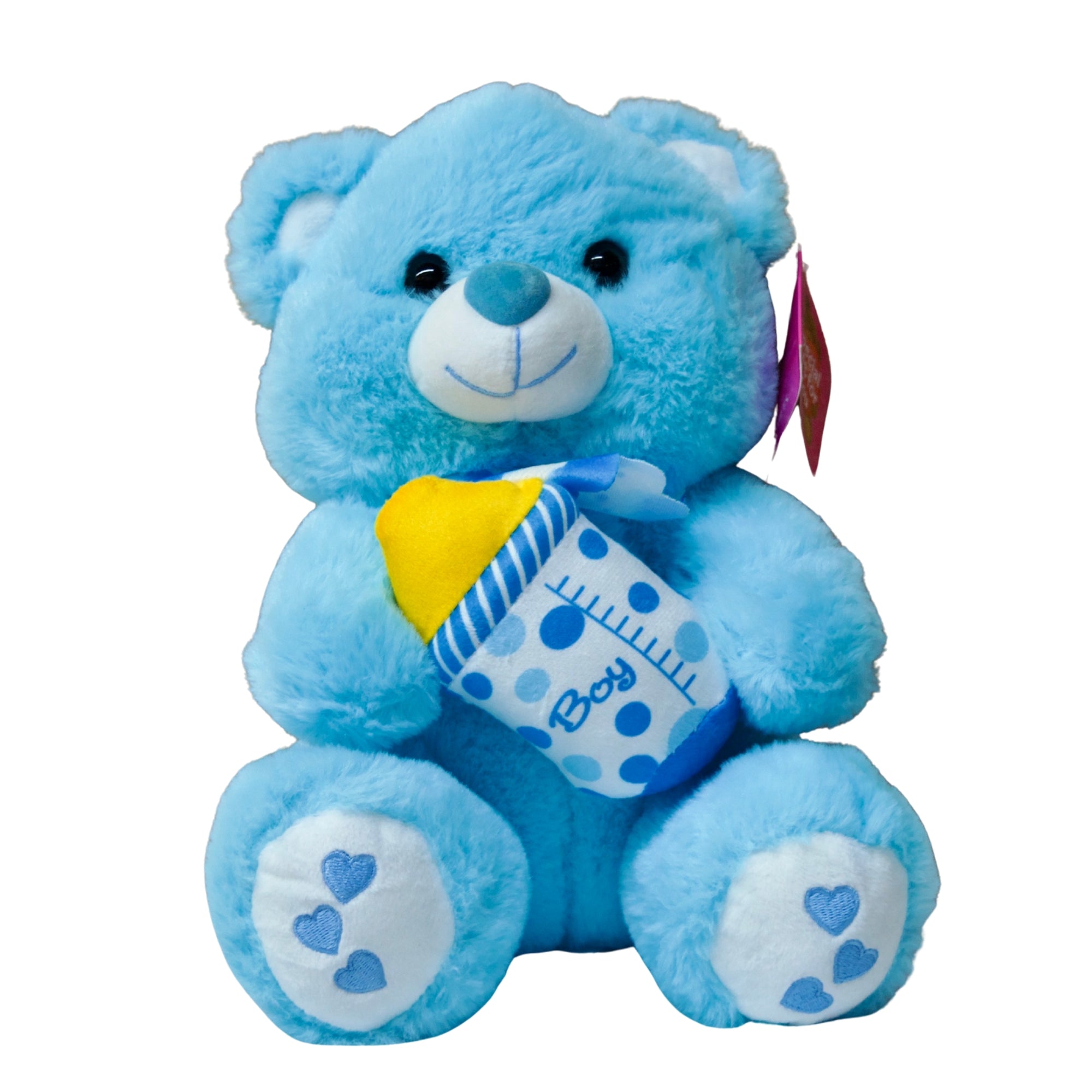 Pink plush toy with a bow on a white background