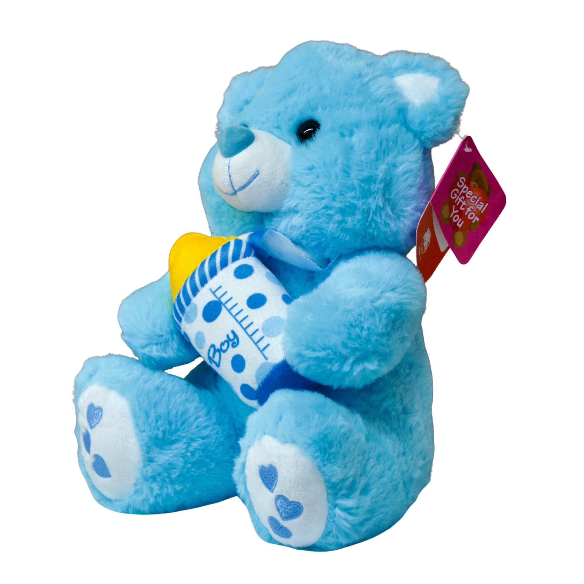 Blue teddy bear holding a heart-shaped gift with a tag on a white background