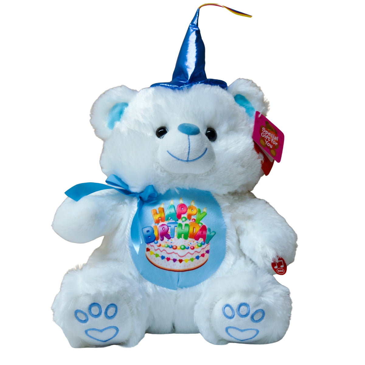 Blue teddy bear with a birthday hat and 'Happy Birthday' heart on a white background