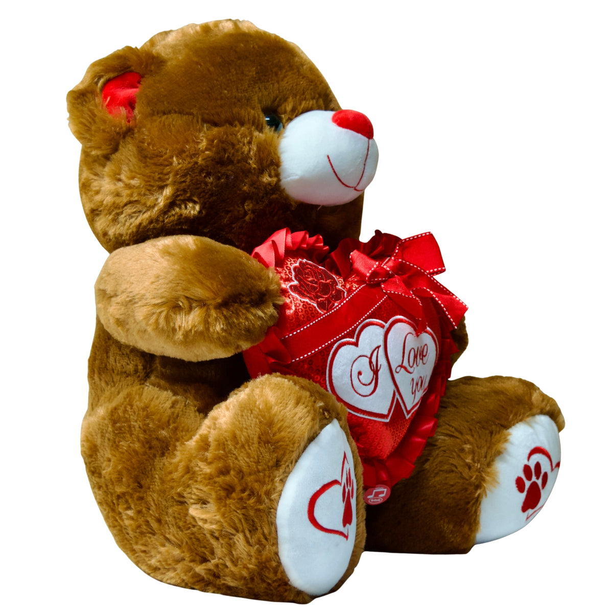 Brown teddy bear holding a red heart-shaped gift box with 'I Love You' text on a white background