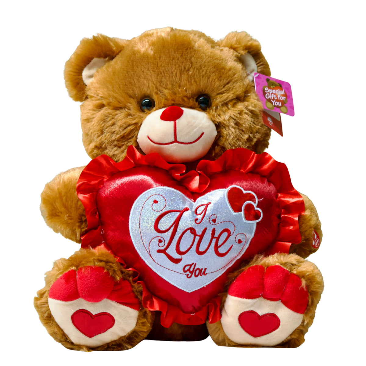 Brown teddy bear with a heart-shaped 'I Love You' pillow on a white background