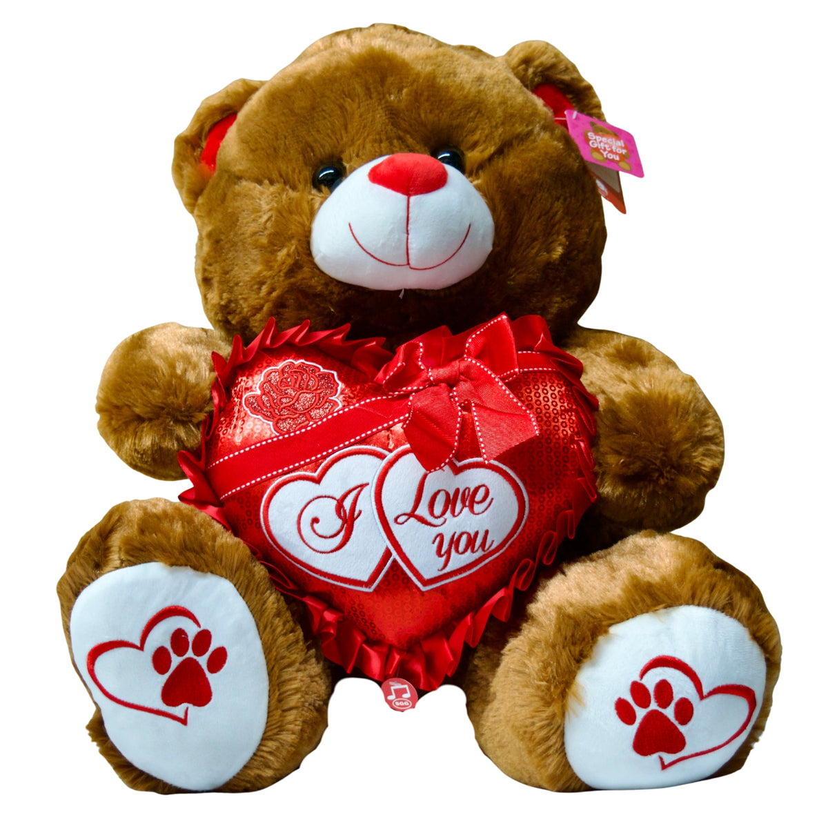 Brown teddy bear with a heart design on a white background