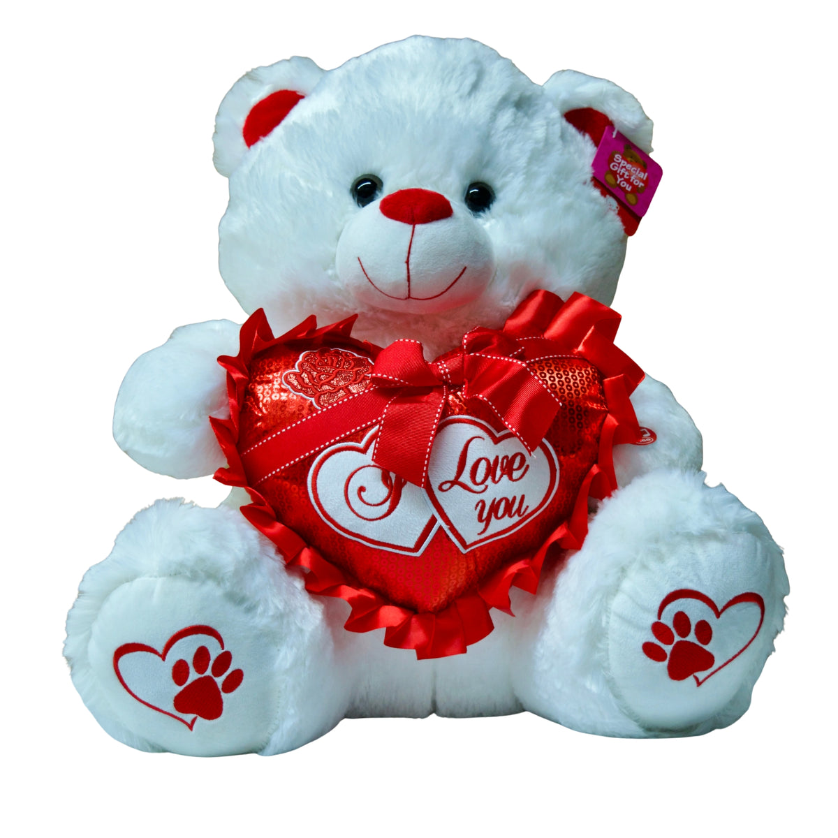 Brown teddy bear with a red heart that says 'I Love You' on a white background