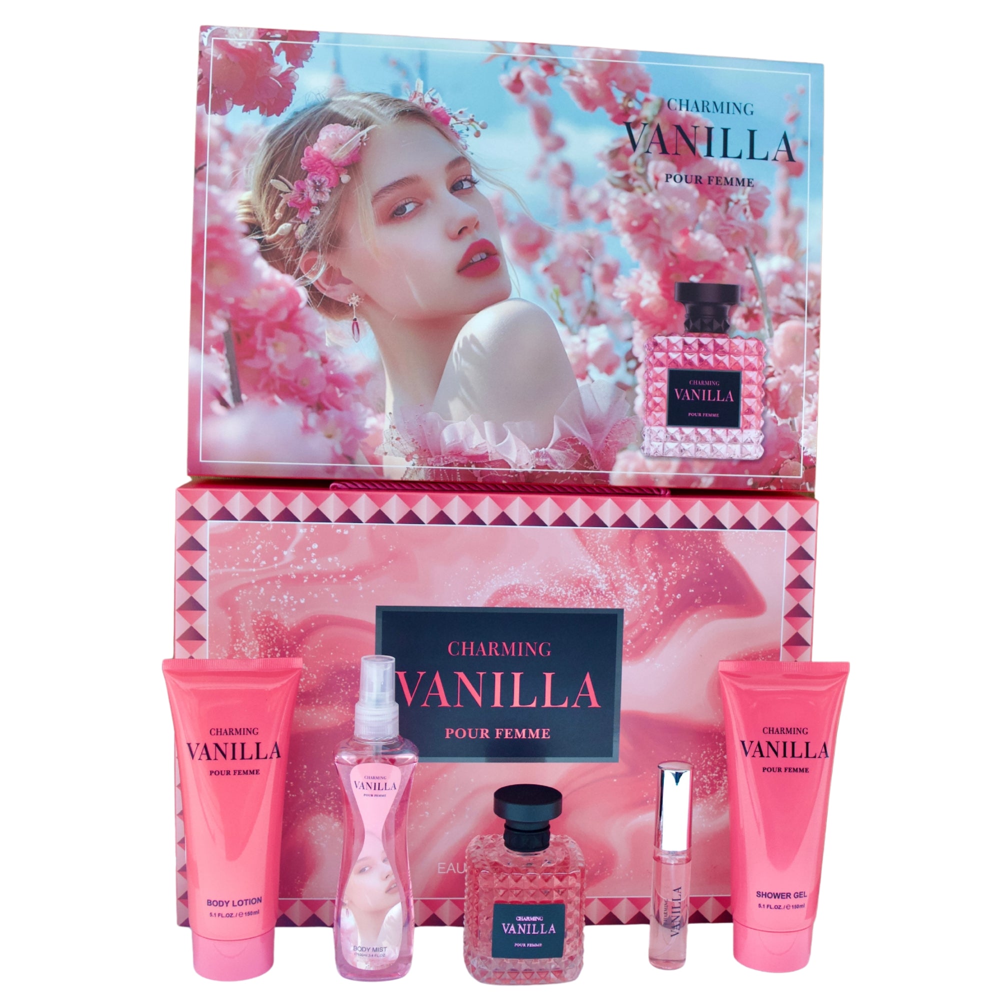 Charming Vanilla perfume set with a woman's face on the packaging