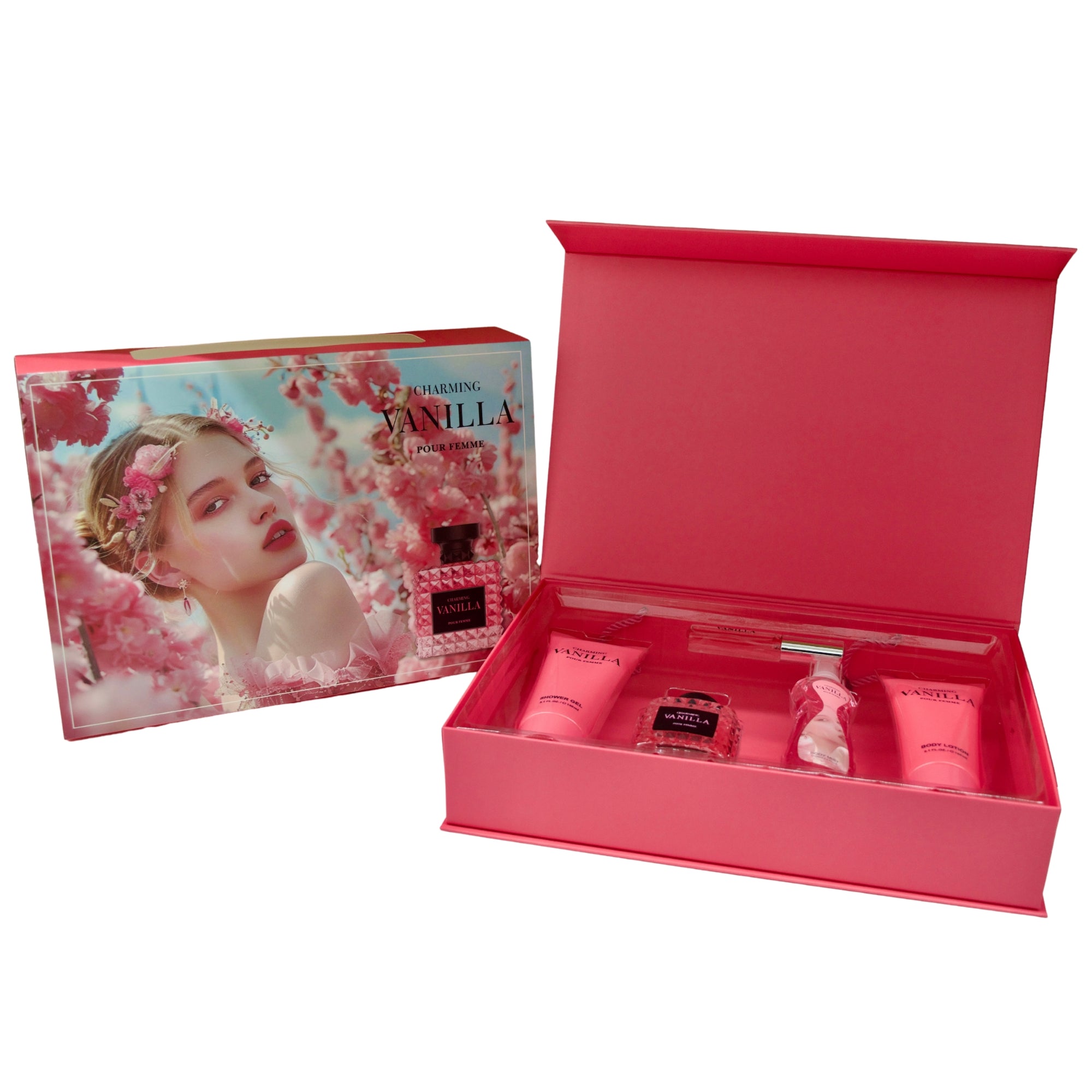Pink perfume set with a decorative box featuring a woman's face on a white background