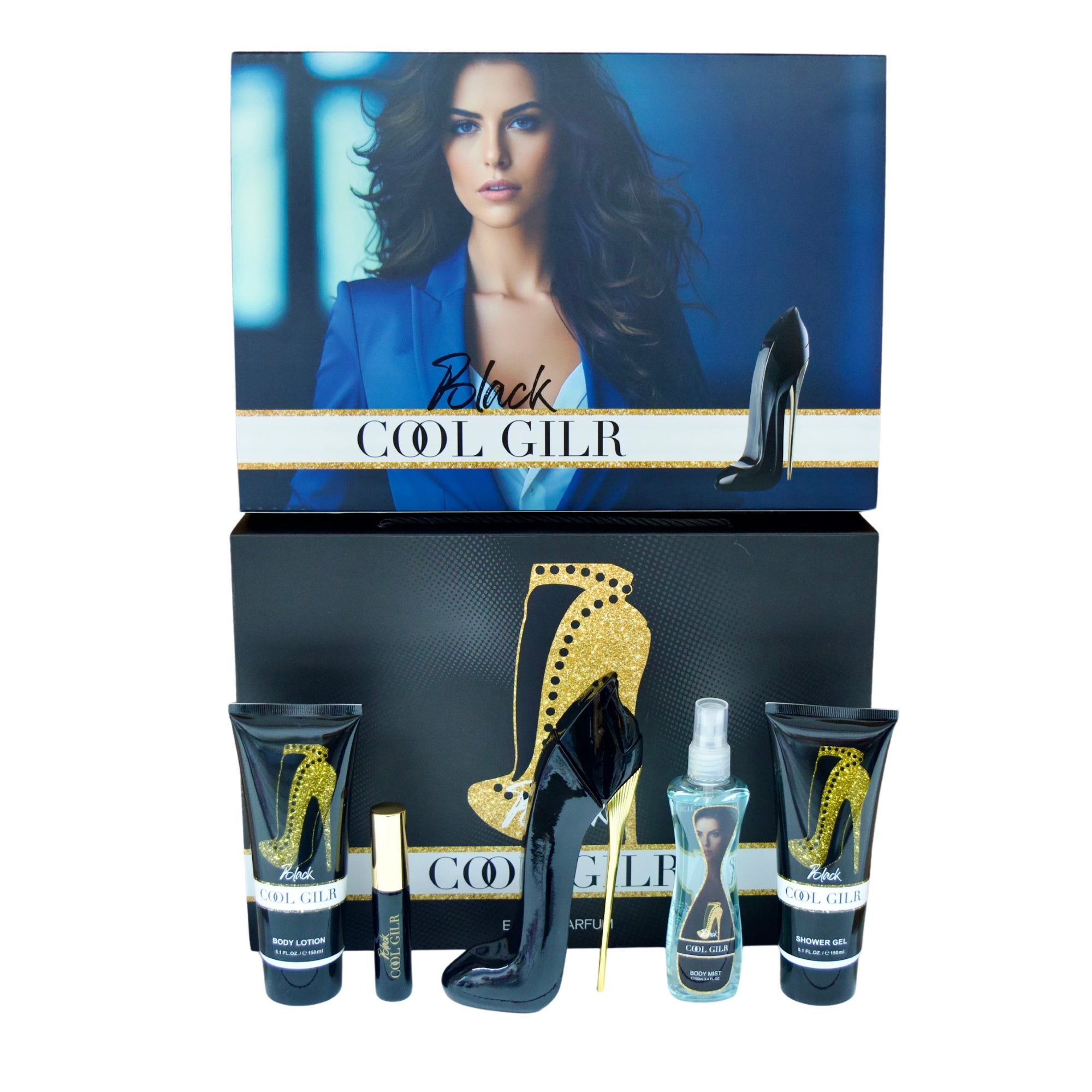 Cosmetic set with 'Black COOL GIRL' branding featuring a high-heeled shoe design.