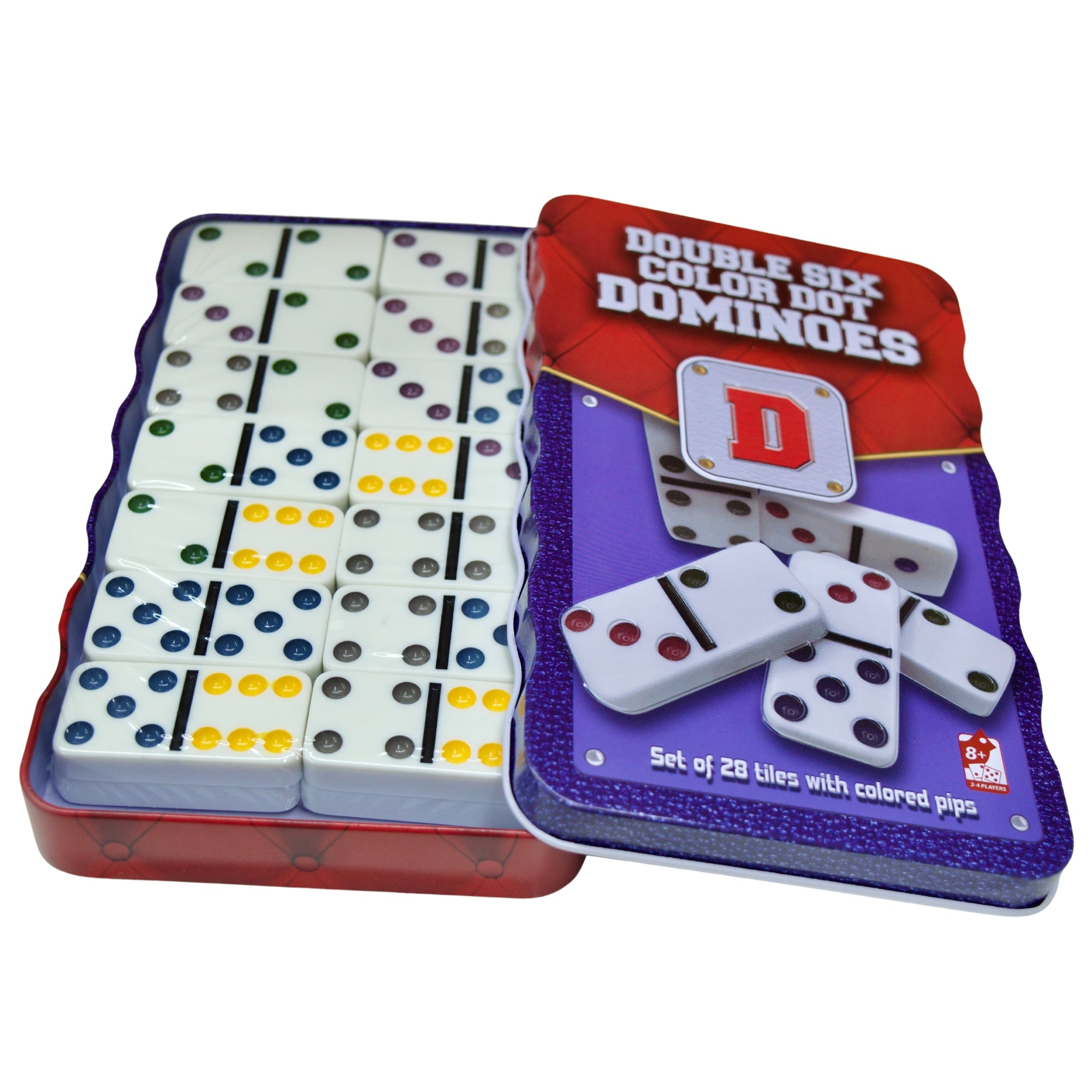 Double Six Color Dot Dominoes set with packaging on a white background