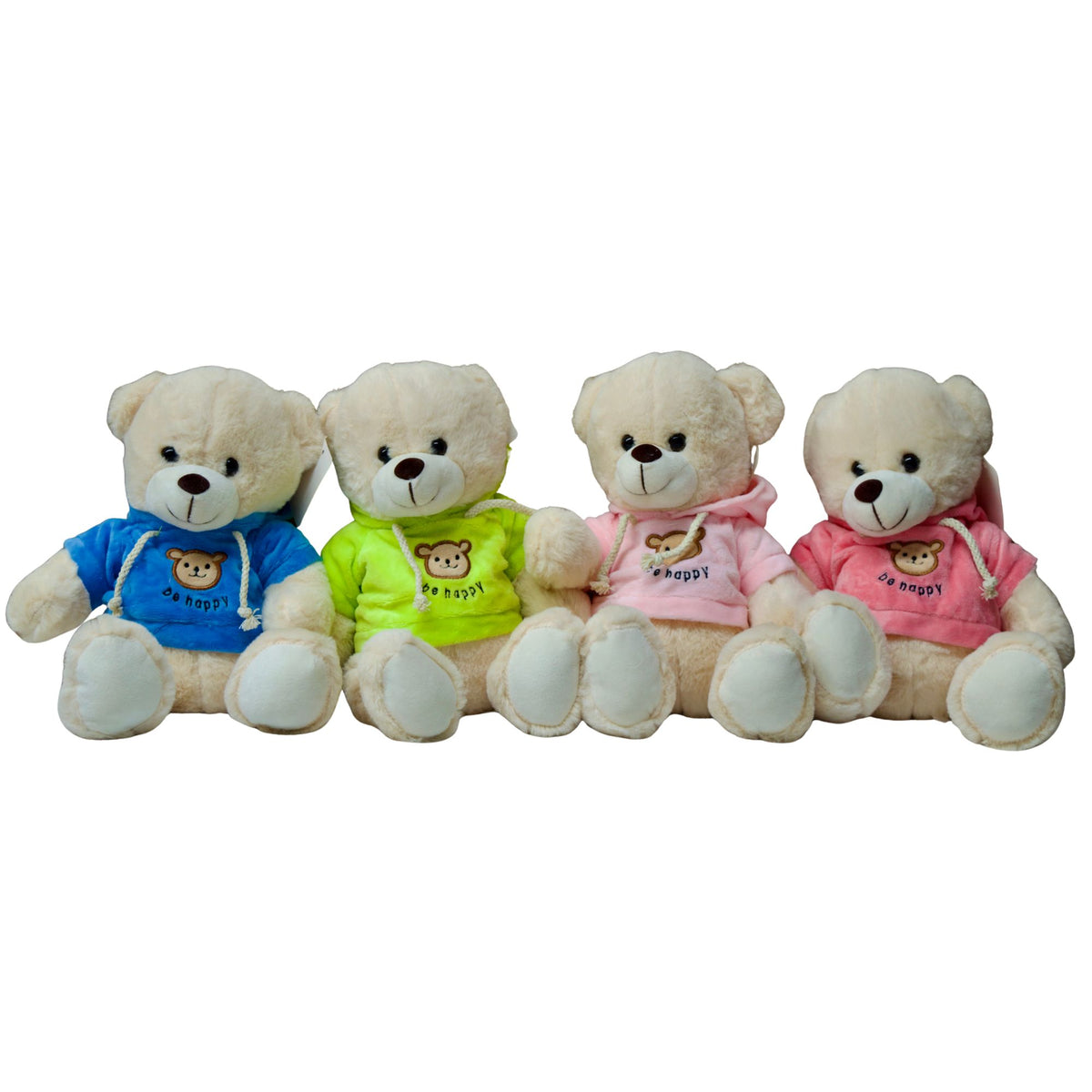 Four teddy bears wearing colorful hoodies on a white background