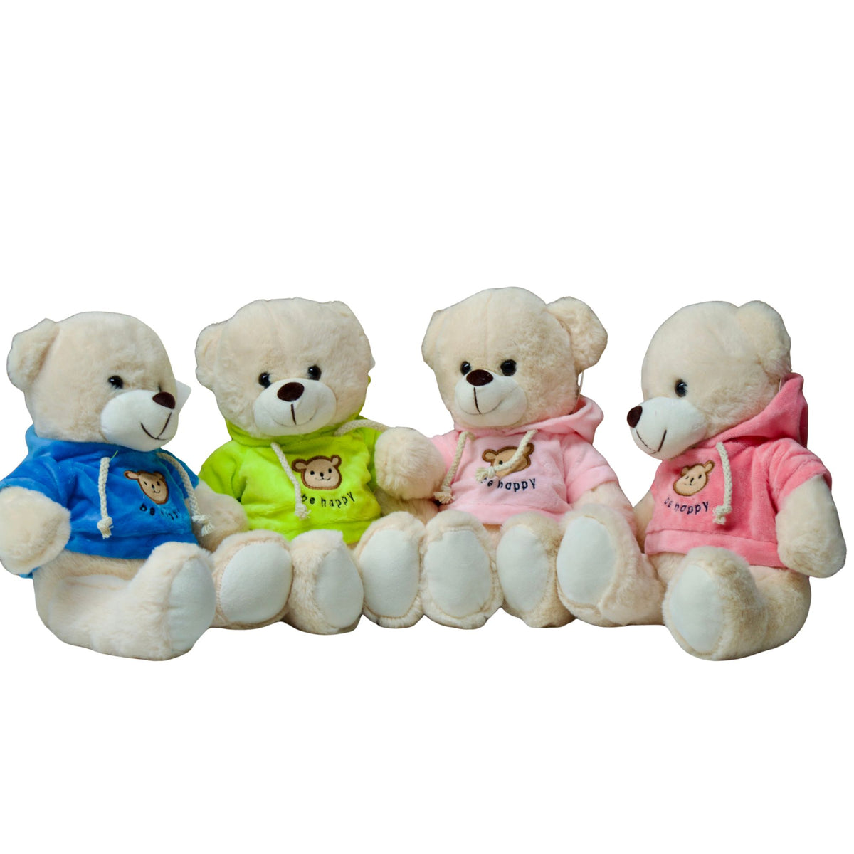 Four teddy bears wearing colorful hoodies on a white background