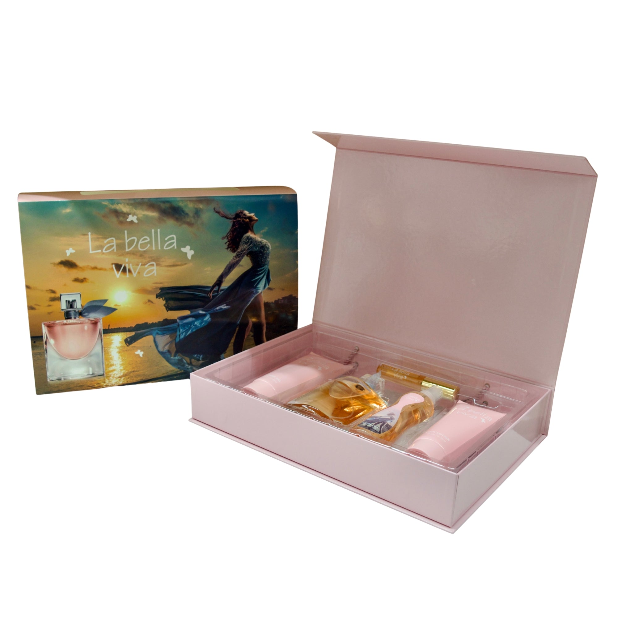 Pink jewelry box with a smaller decorative box featuring 'La Bella Viva' on a white background