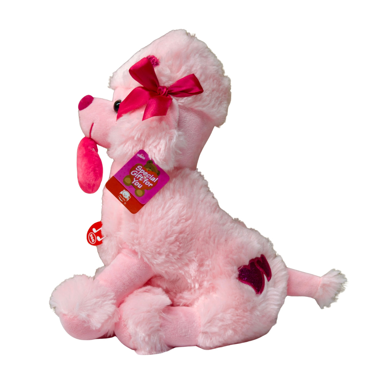 Pink plush toy with a bow on a white background