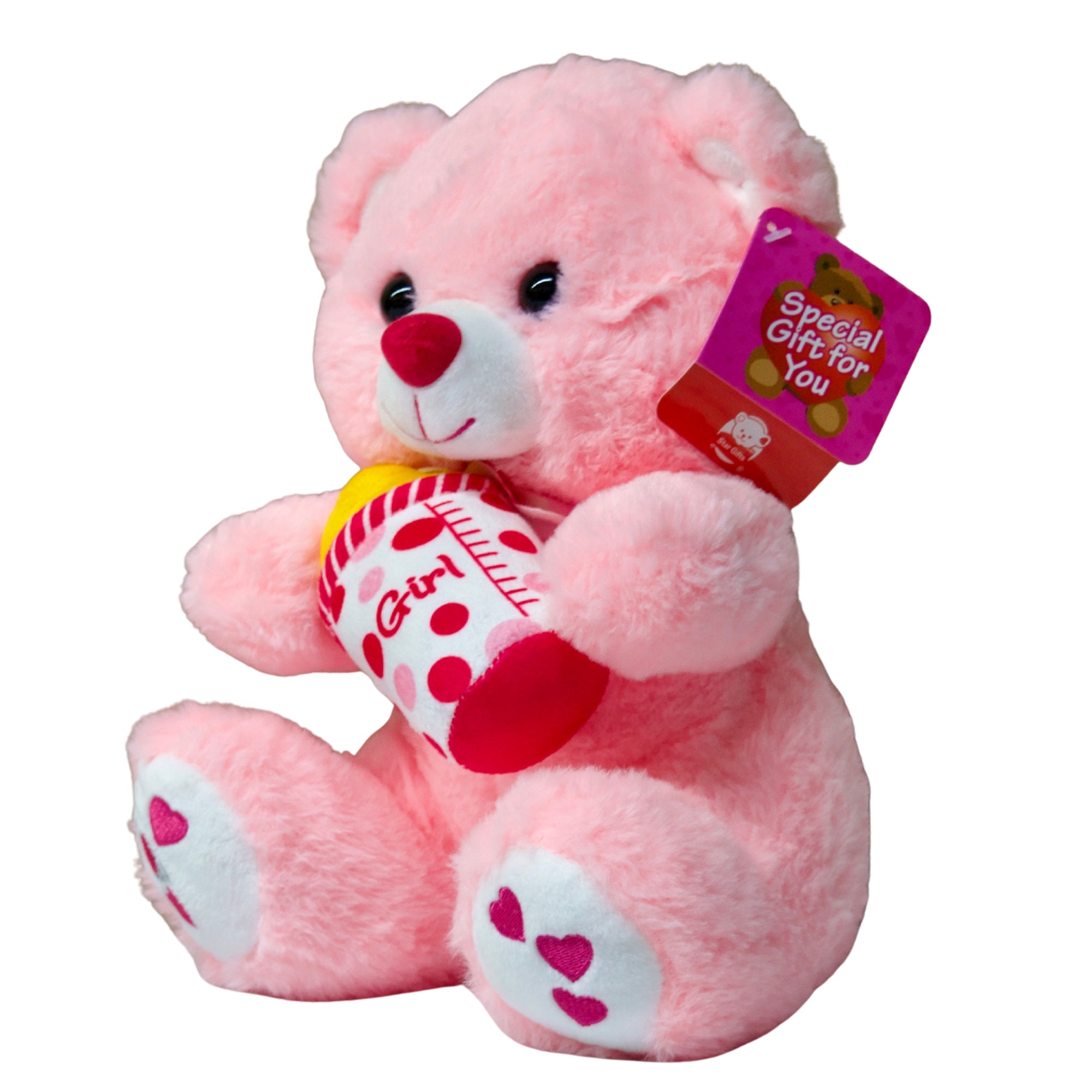 Pink teddy bear holding a 'Girl' baby shower gift tag on a white background