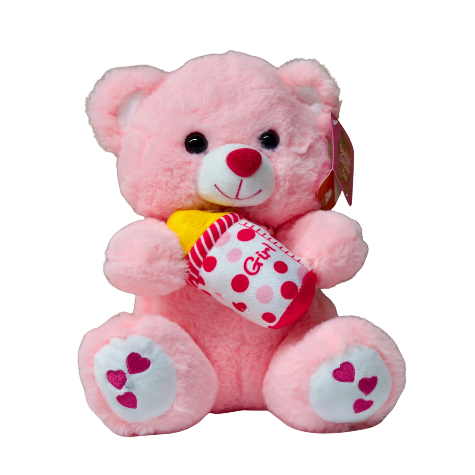 Pink teddy bear holding a small bottle with a polka dot design on a white background