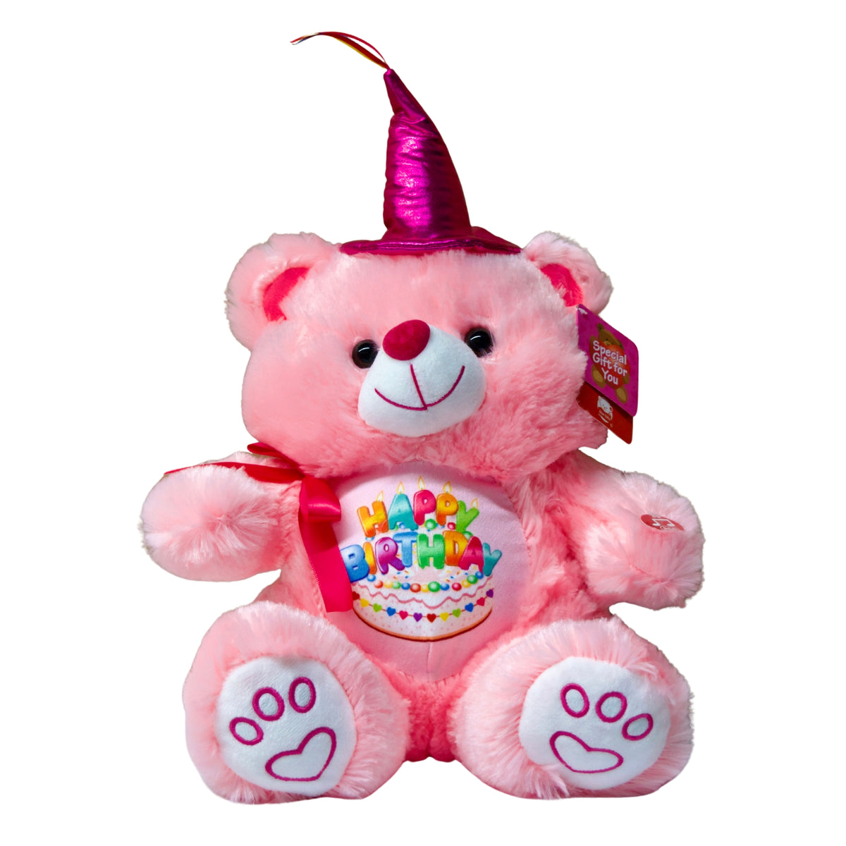 Pink teddy bear with a birthday hat and 'Happy Birthday' heart, on a white background