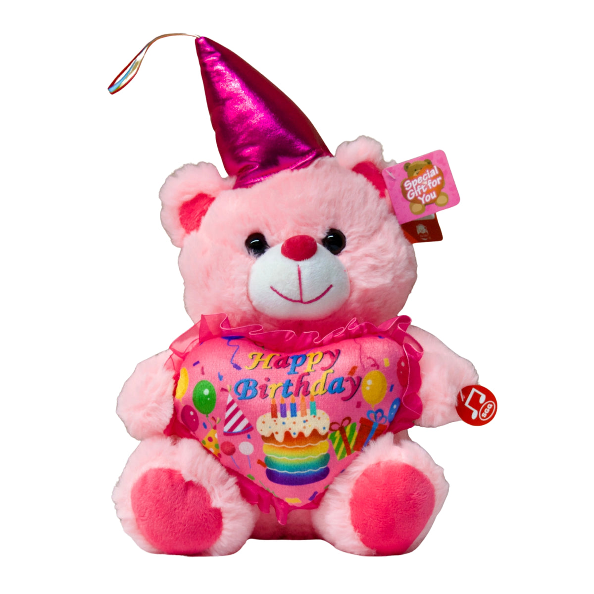 Pink teddy bear with a birthday hat and 'Happy Birthday' message on a white background
