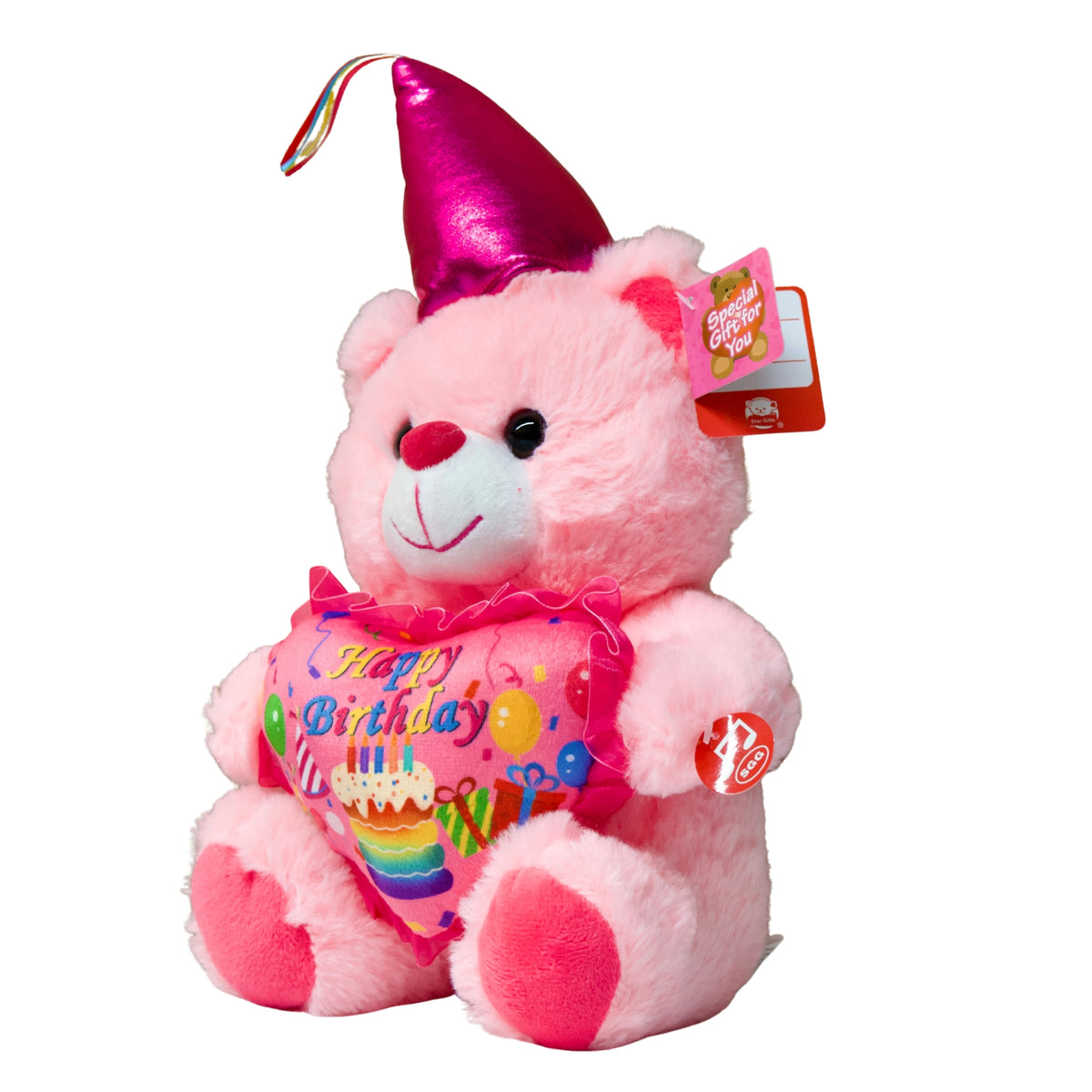 Pink teddy bear with a birthday hat and heart-shaped balloon on a white background