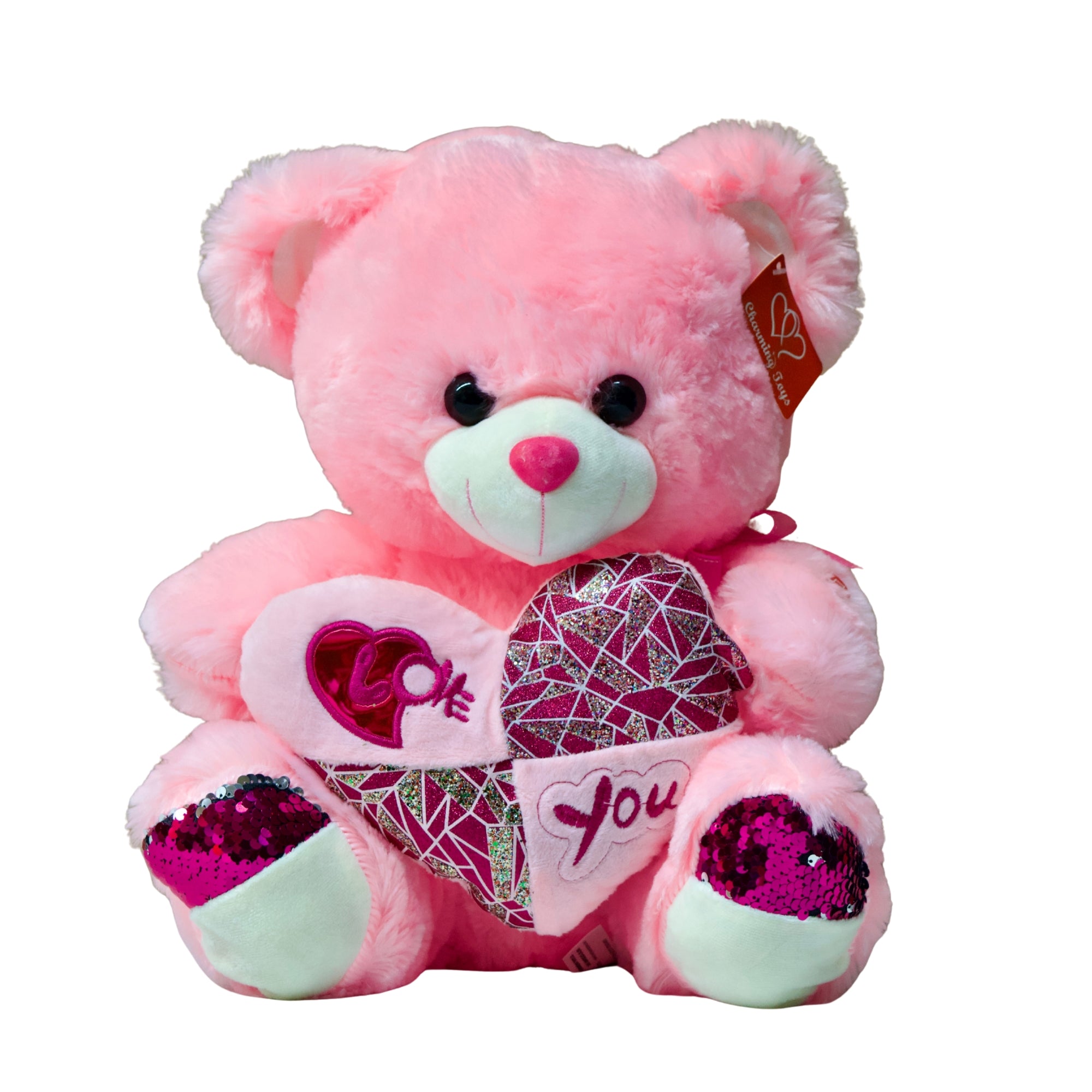 Pink teddy bear with heart designs and 'I love you' message on a white background