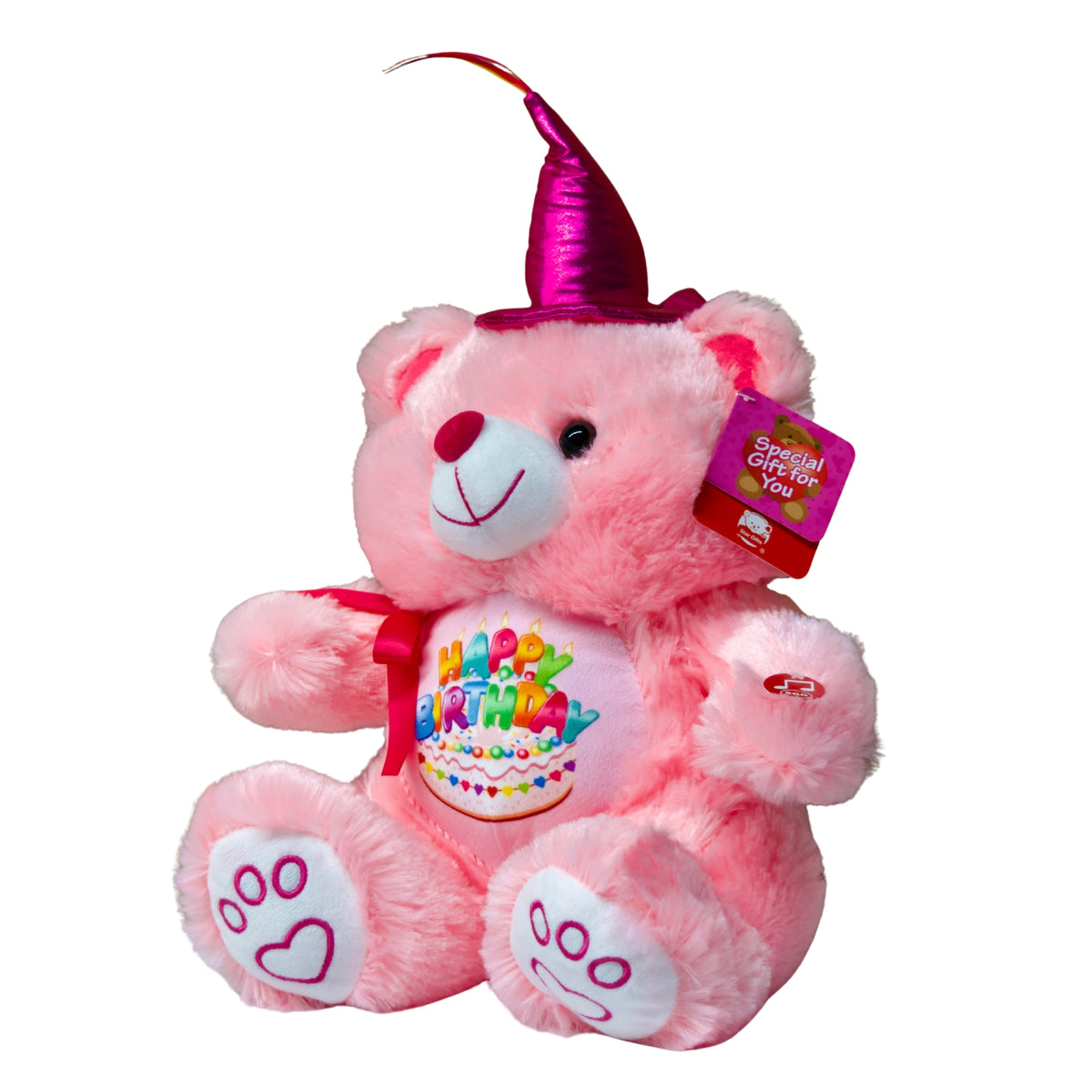 Pink teddy bear with unicorn horn and 'Happy Birthday' message on a white background