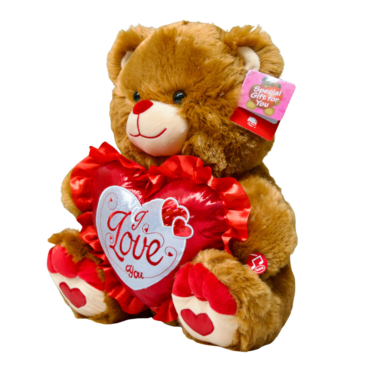 Plush teddy bear with a heart and tag on a white background