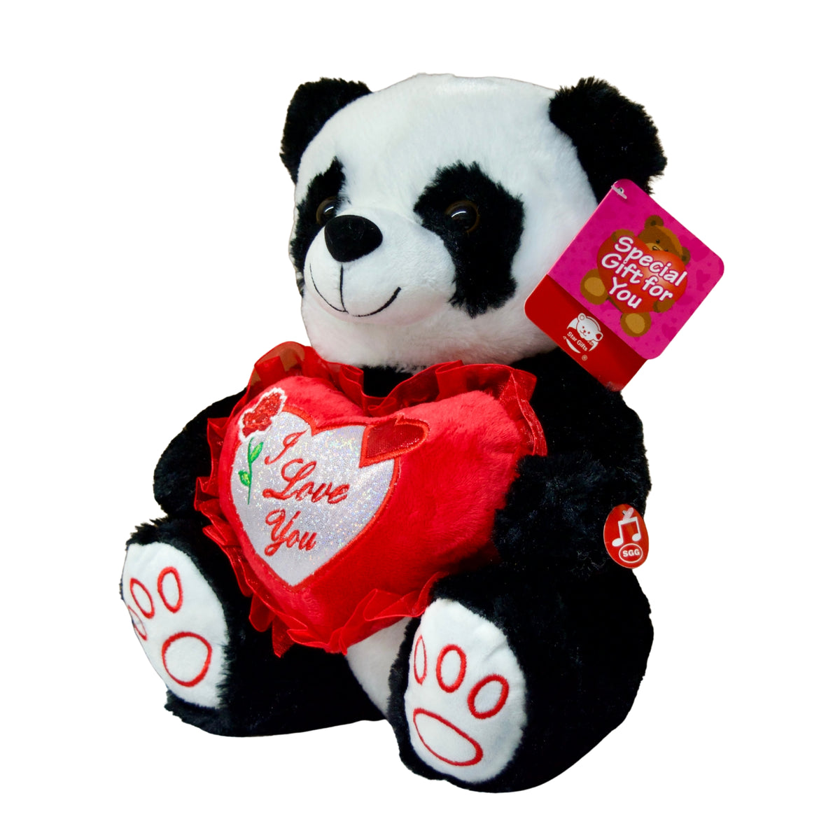 Plush panda bear holding a heart with 'I Love You' text on a white background