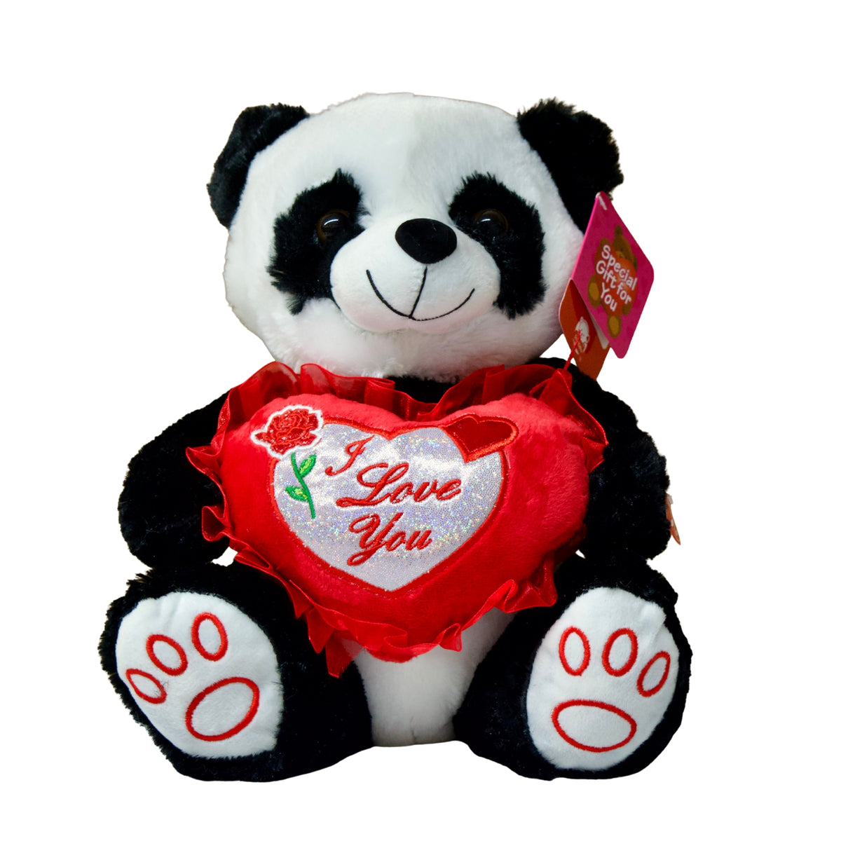 Plush panda bear with a heart that says 'I Love You' on a white background