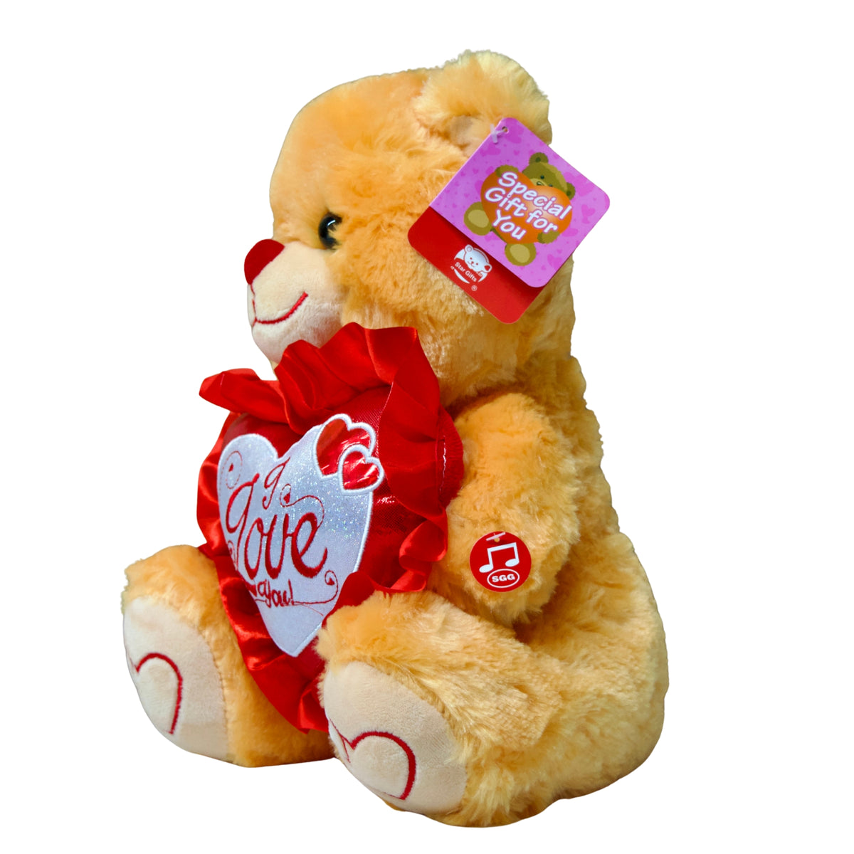 Plush teddy bear with a heart and tag on a white background