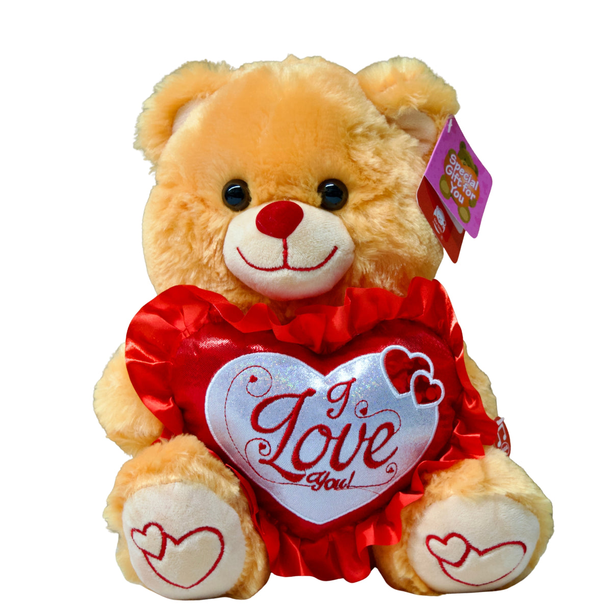 Plush teddy bear with a heart that says 'I Love You' on a white background
