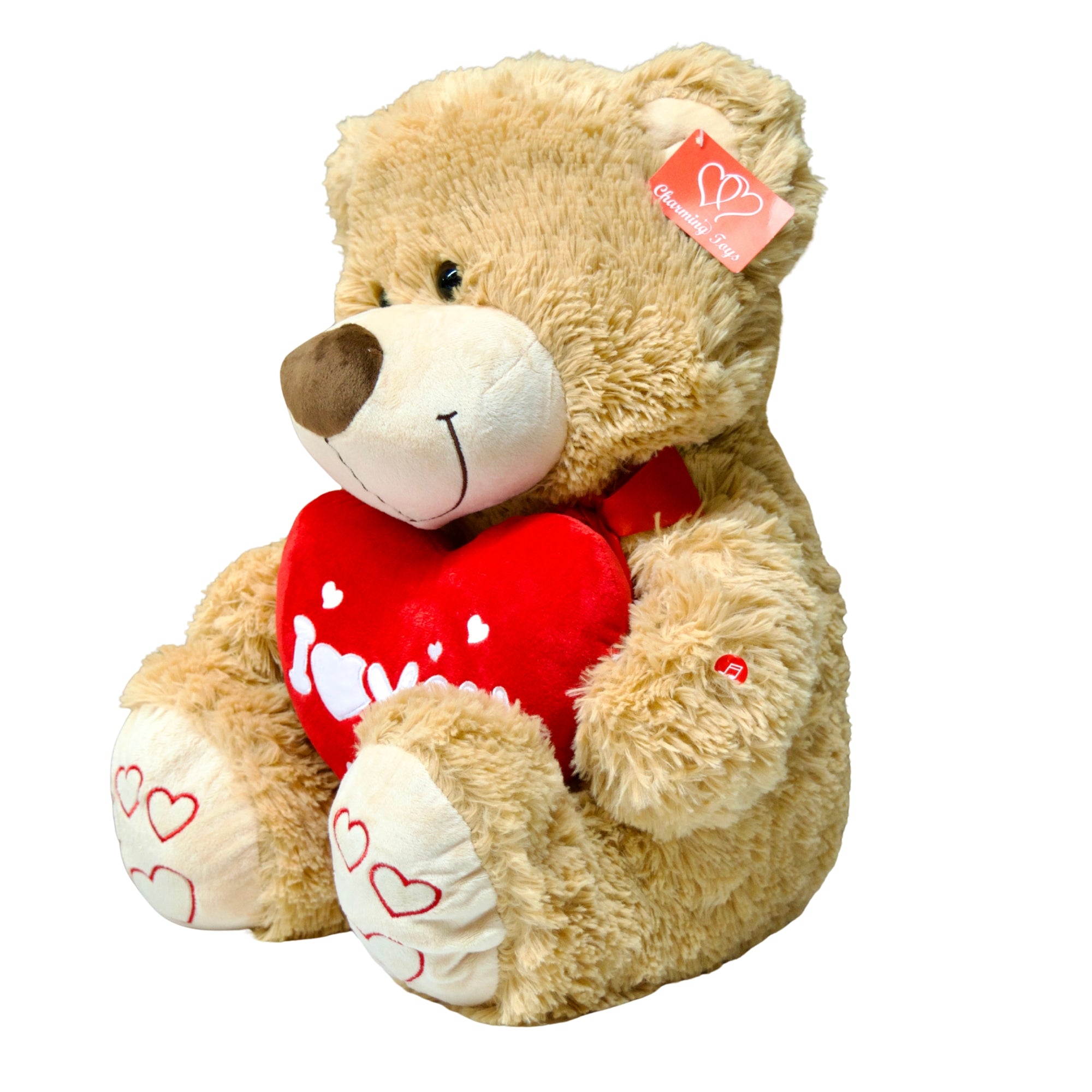 Plush teddy bear with a red heart and heart-patterned paws on a white background