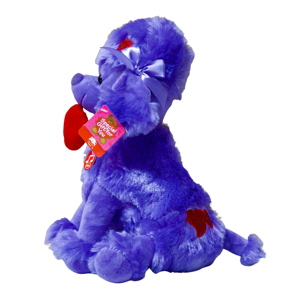 Purple plush toy with a bow and heart tag on a white background