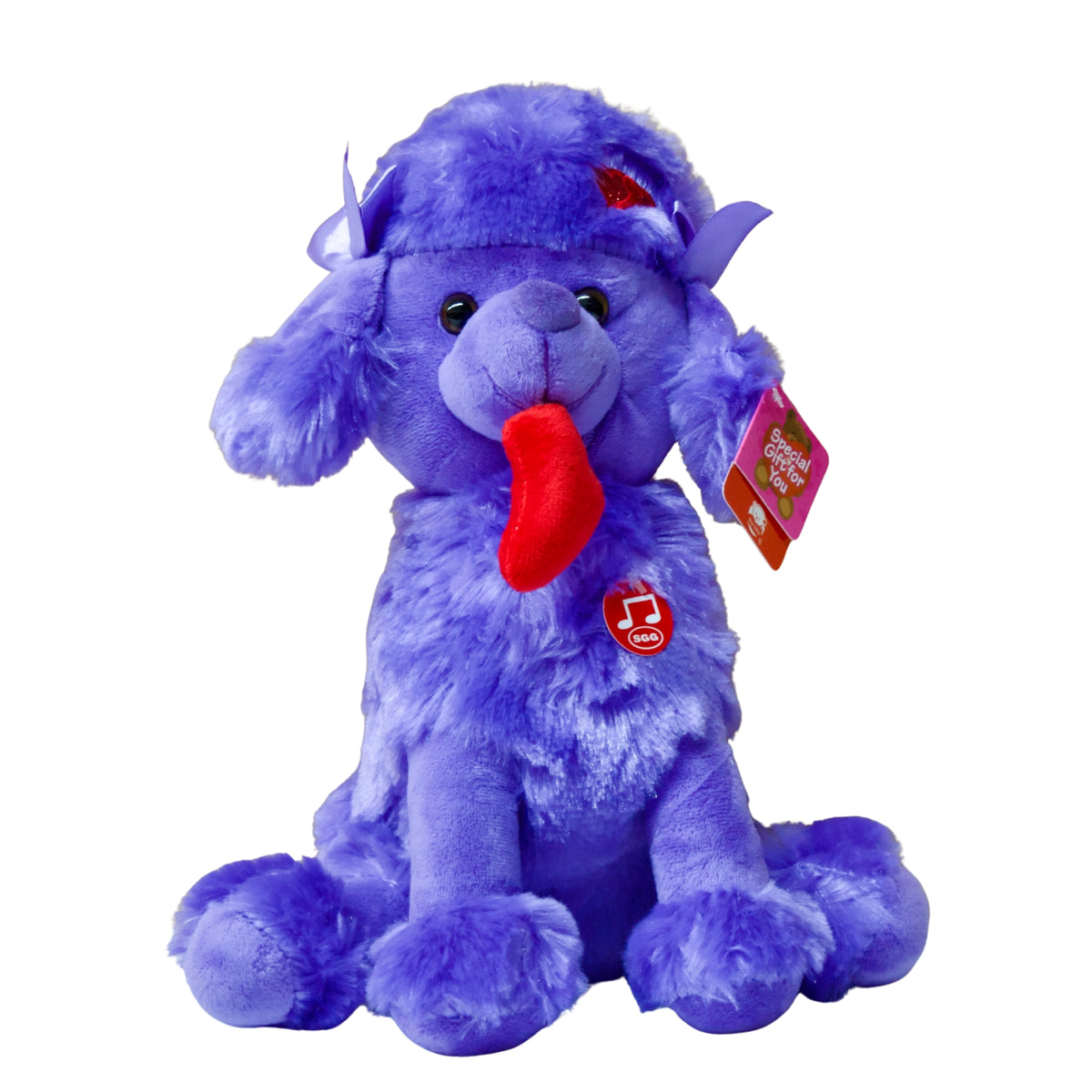 Purple plush toy with a red tongue on a white background
