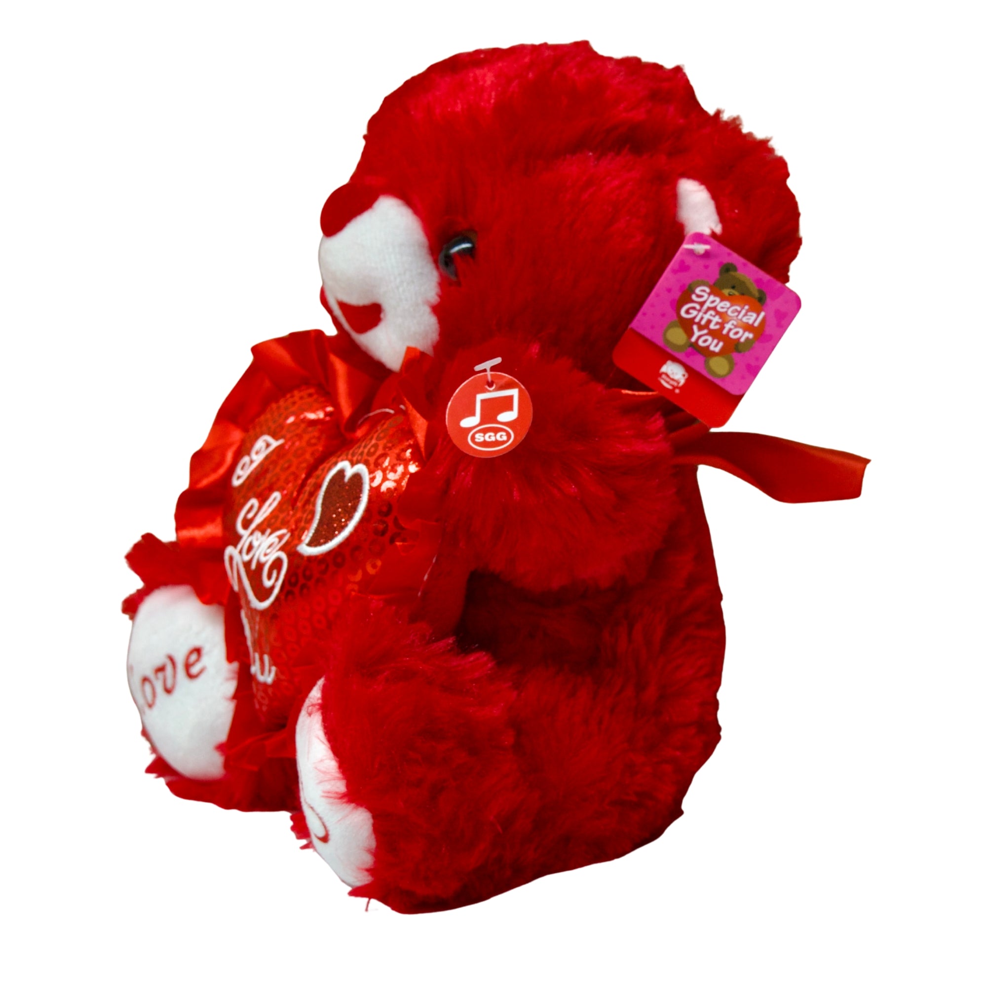 Red plush toy with white accents on a white background
