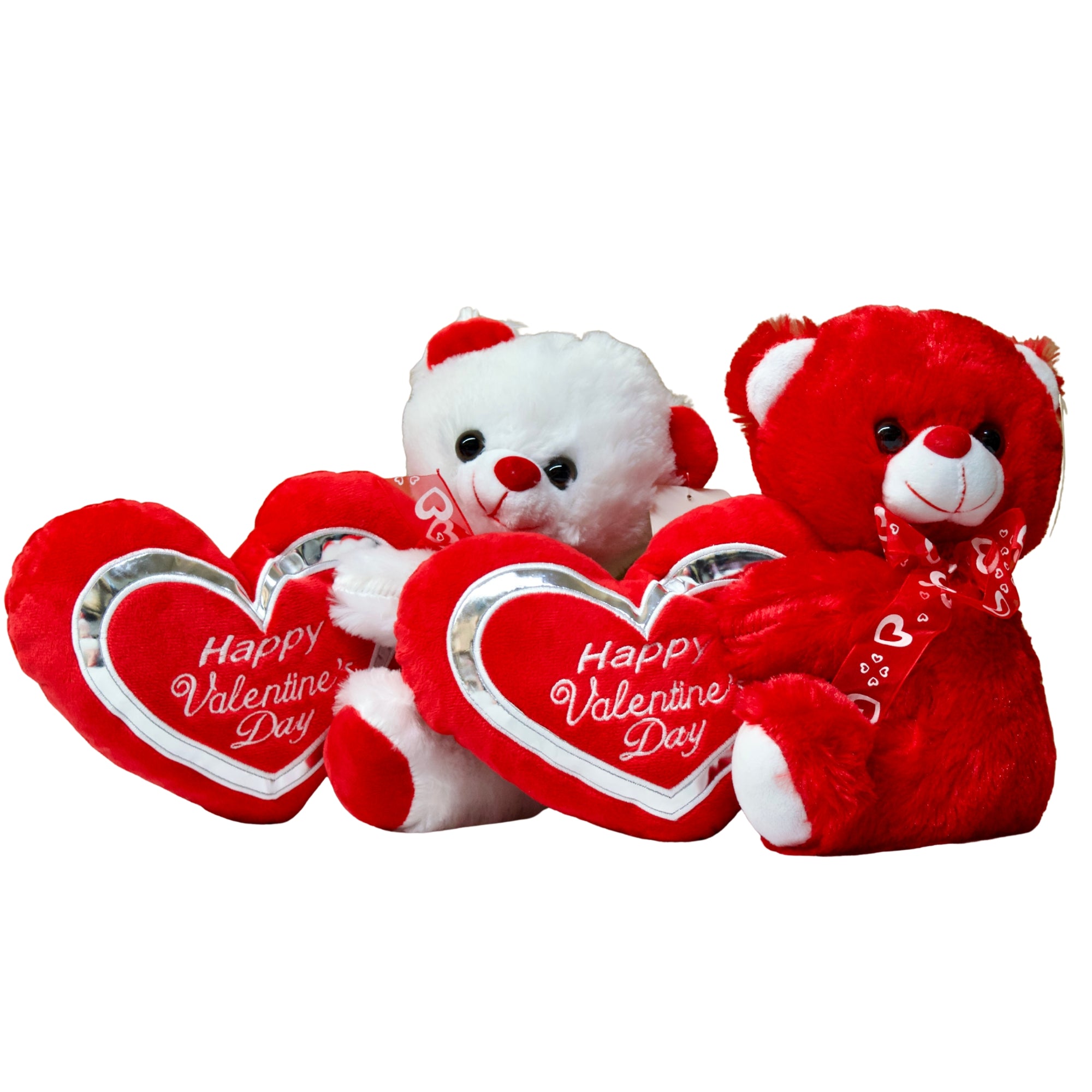 Red plush toy with white accents on a white background