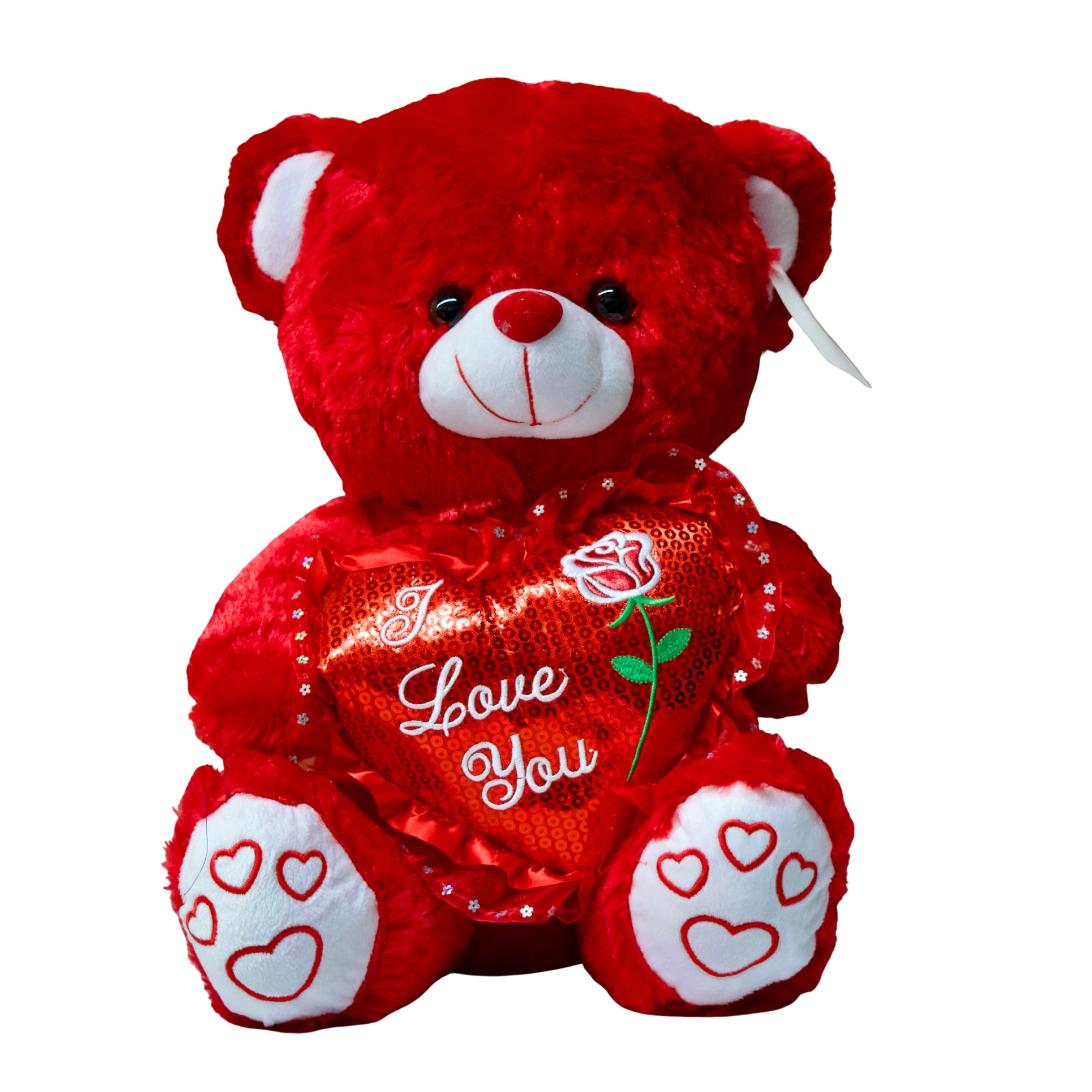 Red teddy bear with 'I Love You' heart and rose on a white background