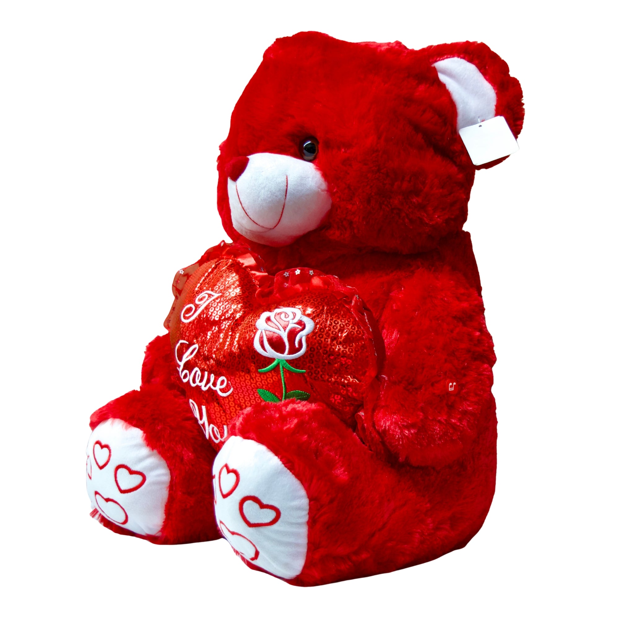 Red teddy bear with 'I love you' and a rose on a white background