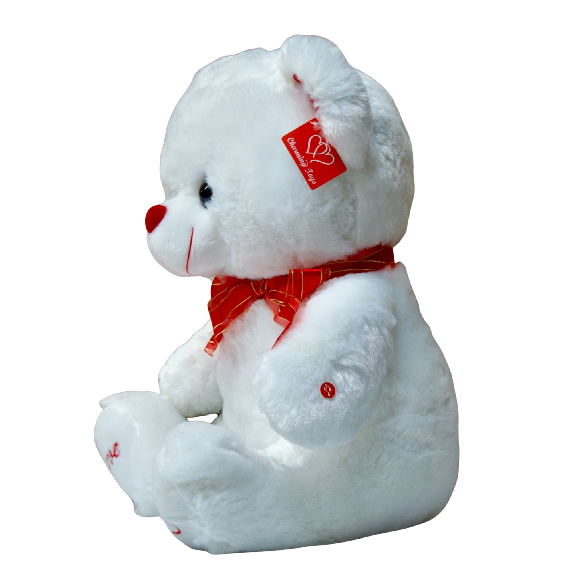 Red teddy bear with 'I love you' and a rose on a white background