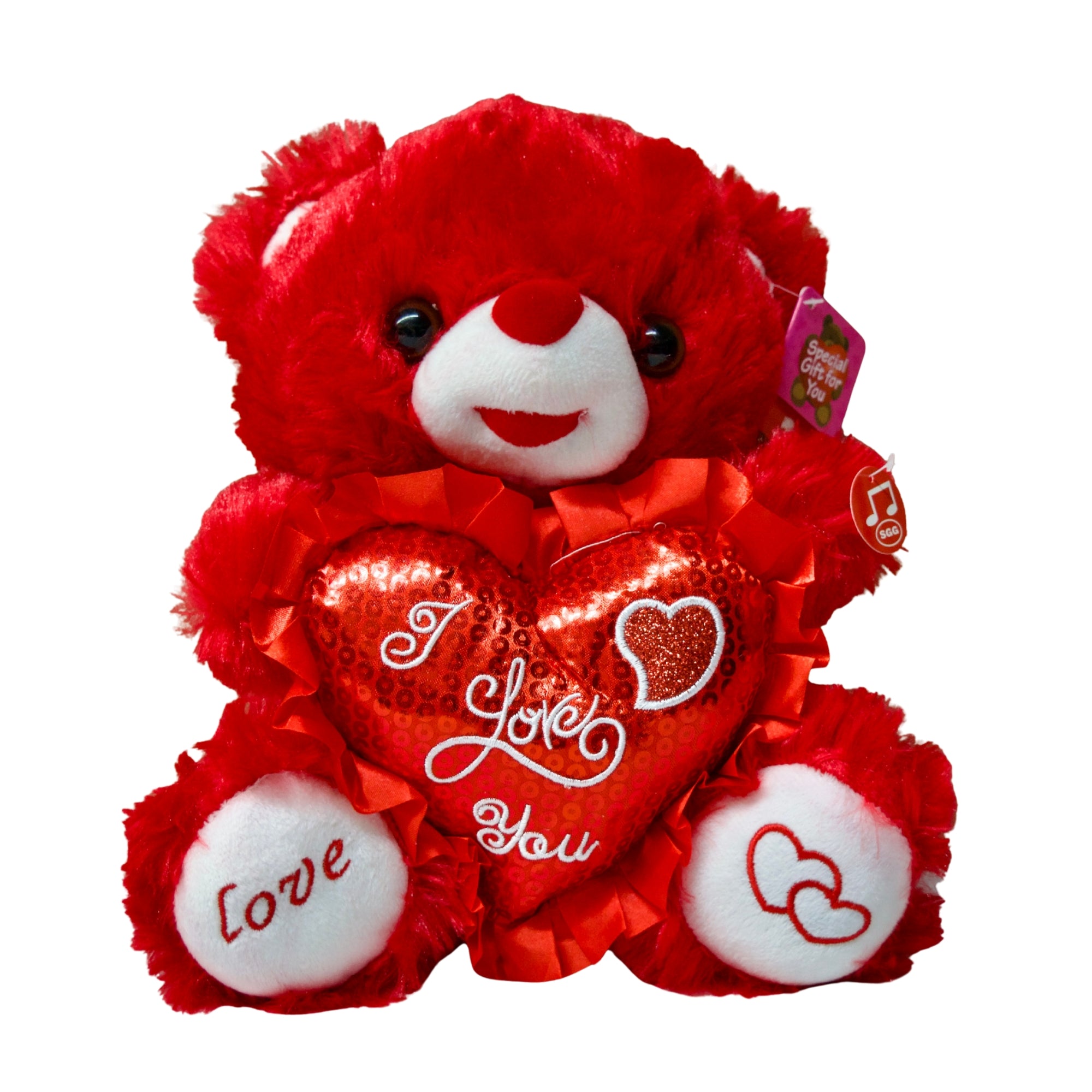 Red teddy bear with a heart that says 'I Love You' on a white background