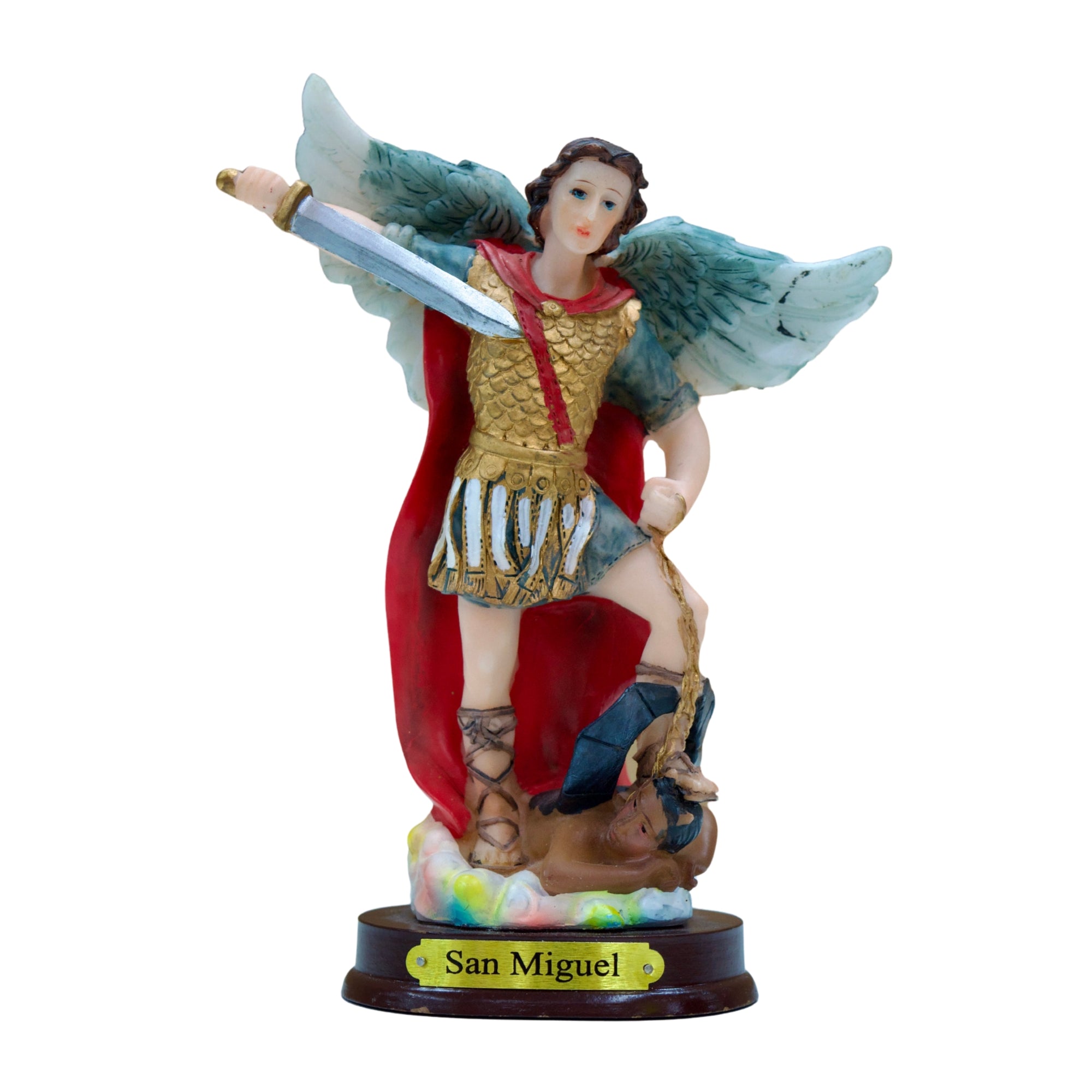 Statue of Saint Michael the Archangel with a sword and wings on a white background