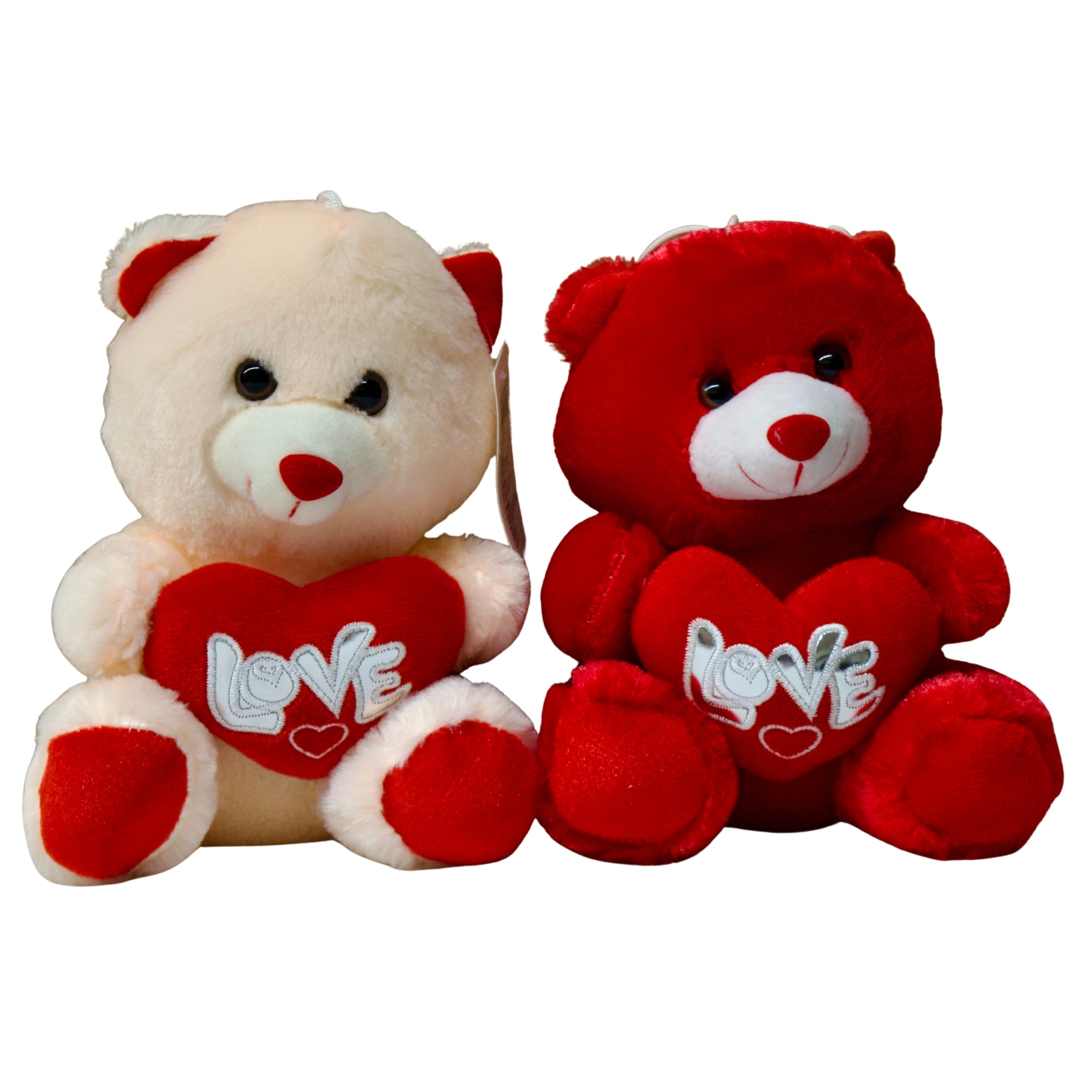 Two teddy bears, one beige and one red, each holding a heart with 'love' written on it, on a white background.