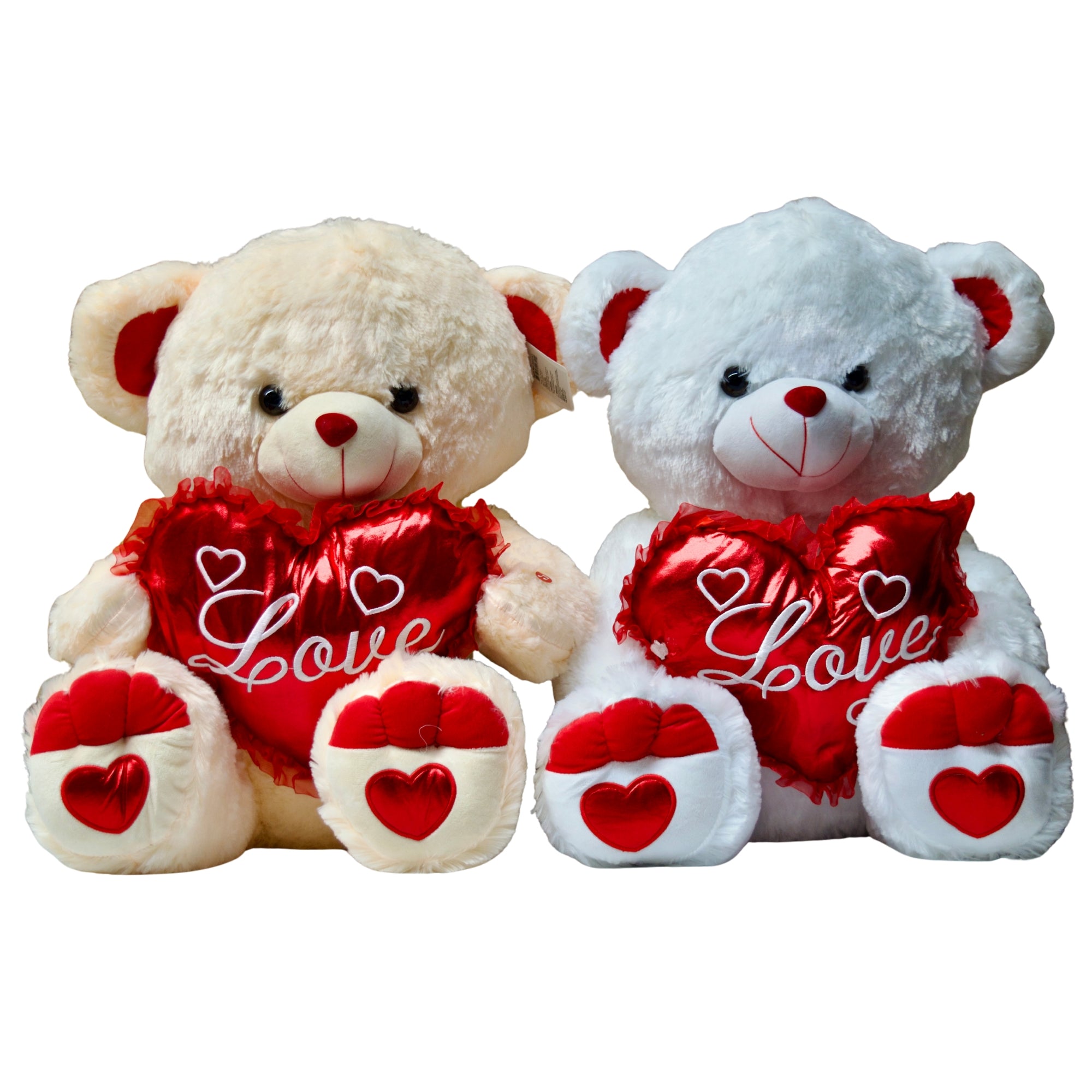 Two teddy bears, one beige and one white, with red 'Love' hearts on a white background.