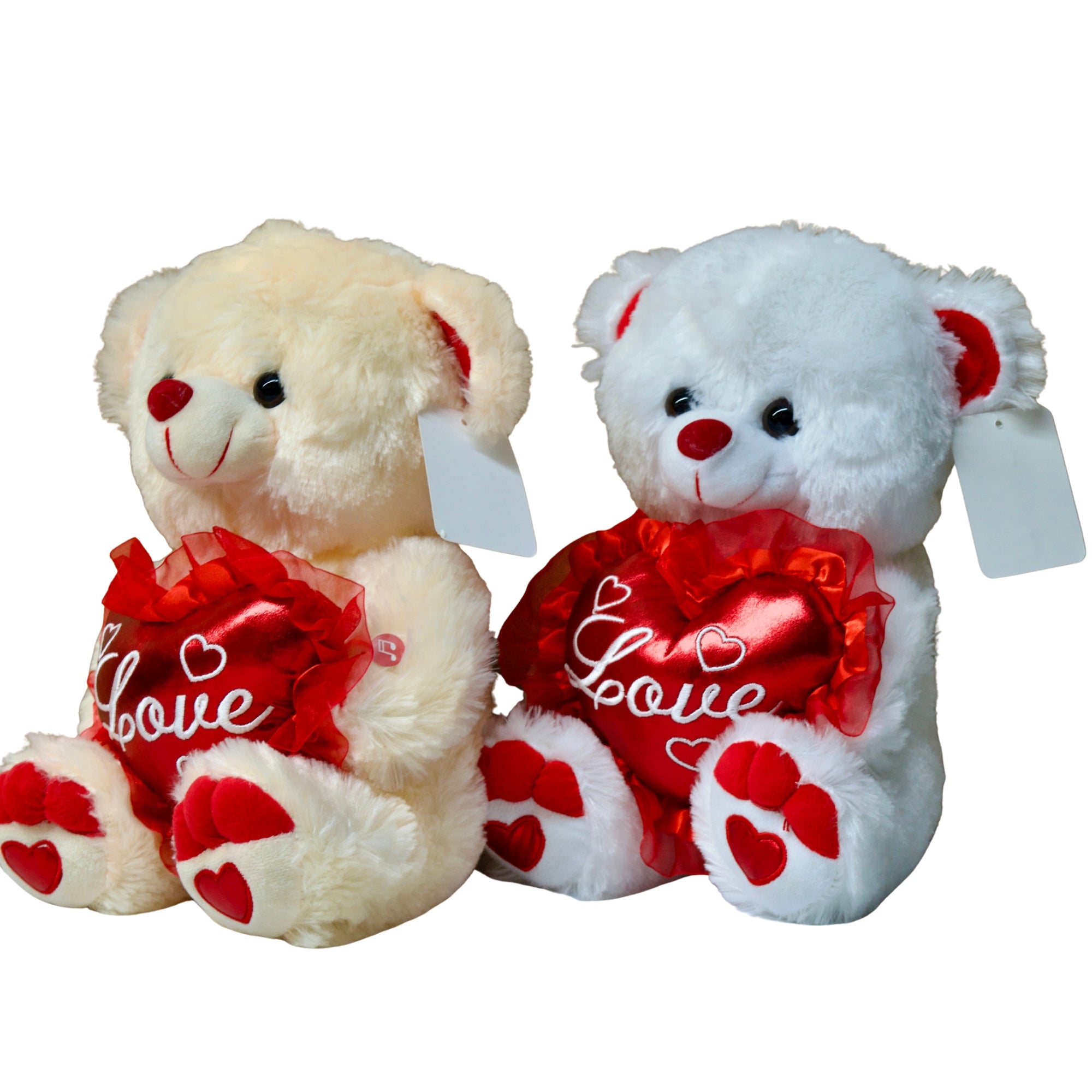 Two teddy bears, one beige and one white, with red bows and 'Love' text on a white background.