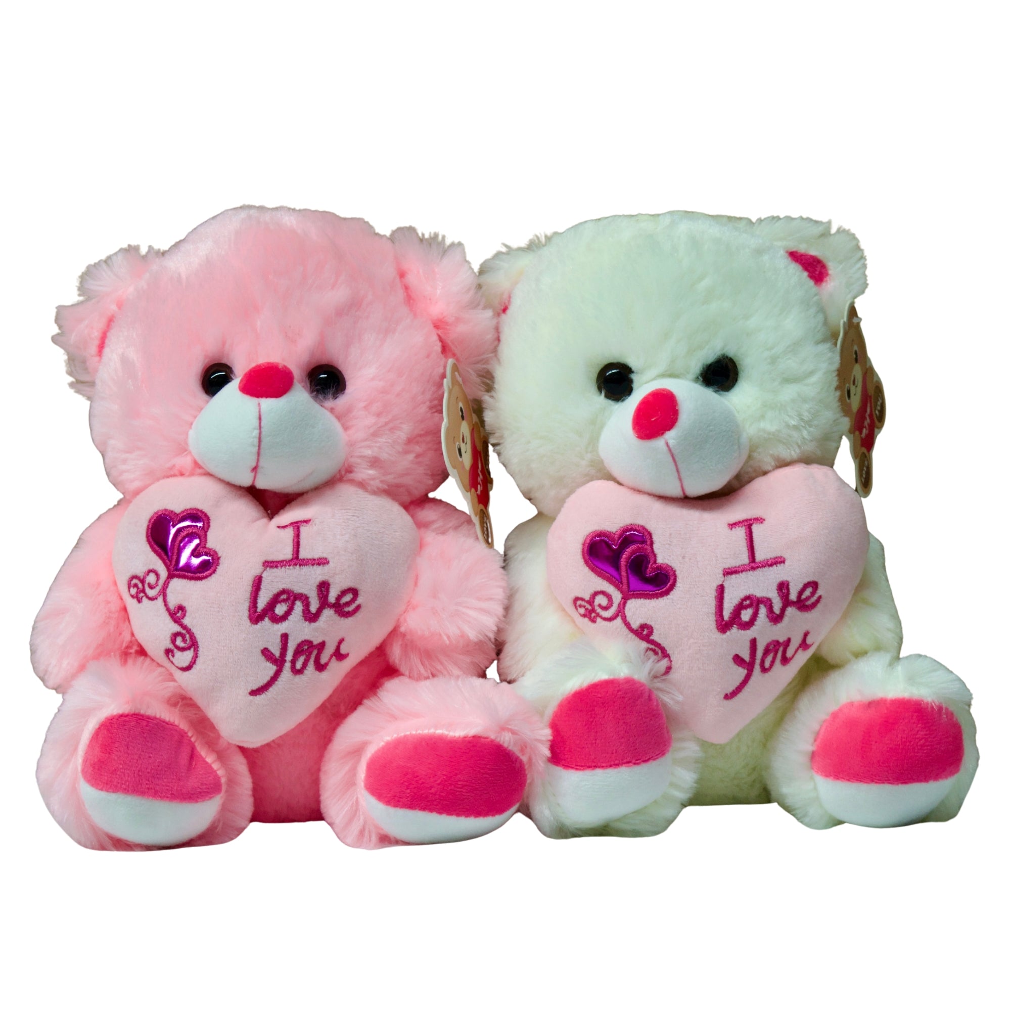Two teddy bears, one pink and one green, with 'I love you' hearts on a white background.