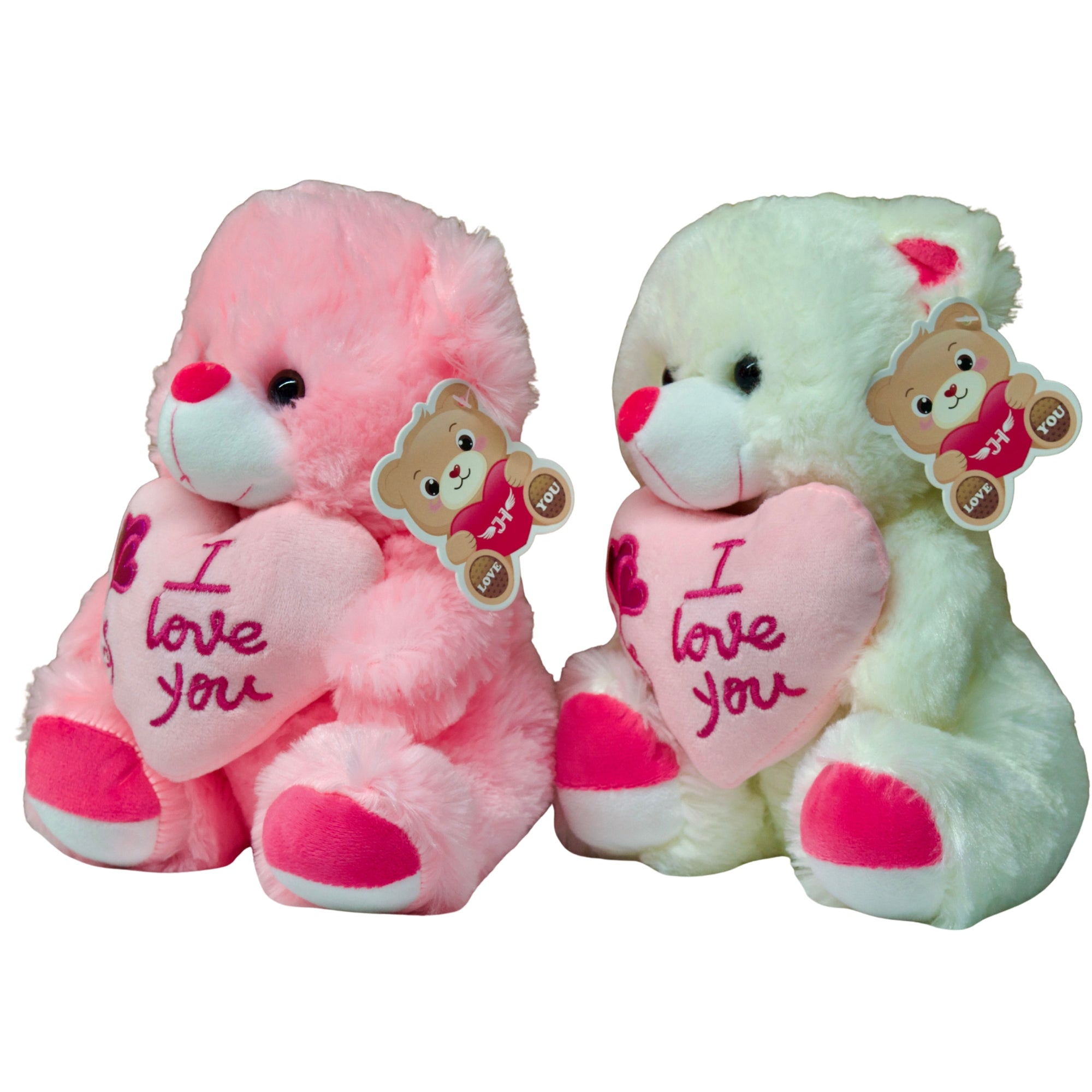 Two teddy bears, one pink and one white, holding 'I love you' hearts on a white background.