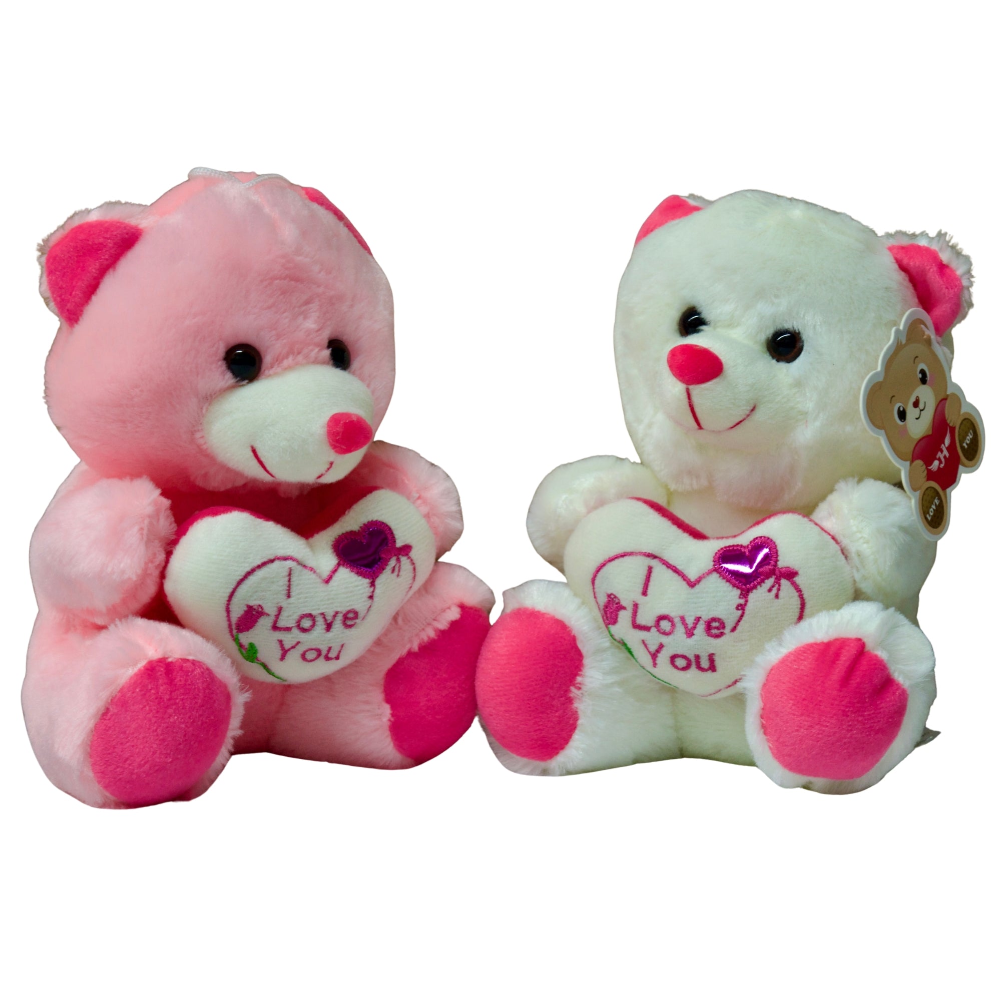 Two teddy bears, one pink and one white, holding hearts with 'I Love You' text on a white background.