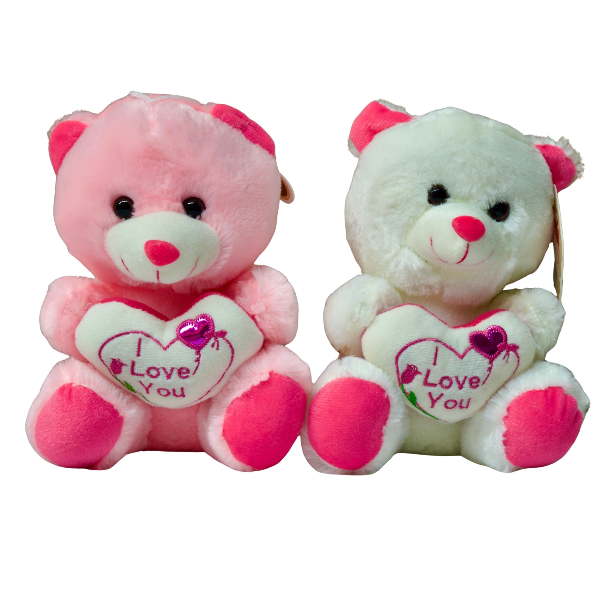 Two teddy bears, one pink and one white, with 'I Love You' hearts on a white background.