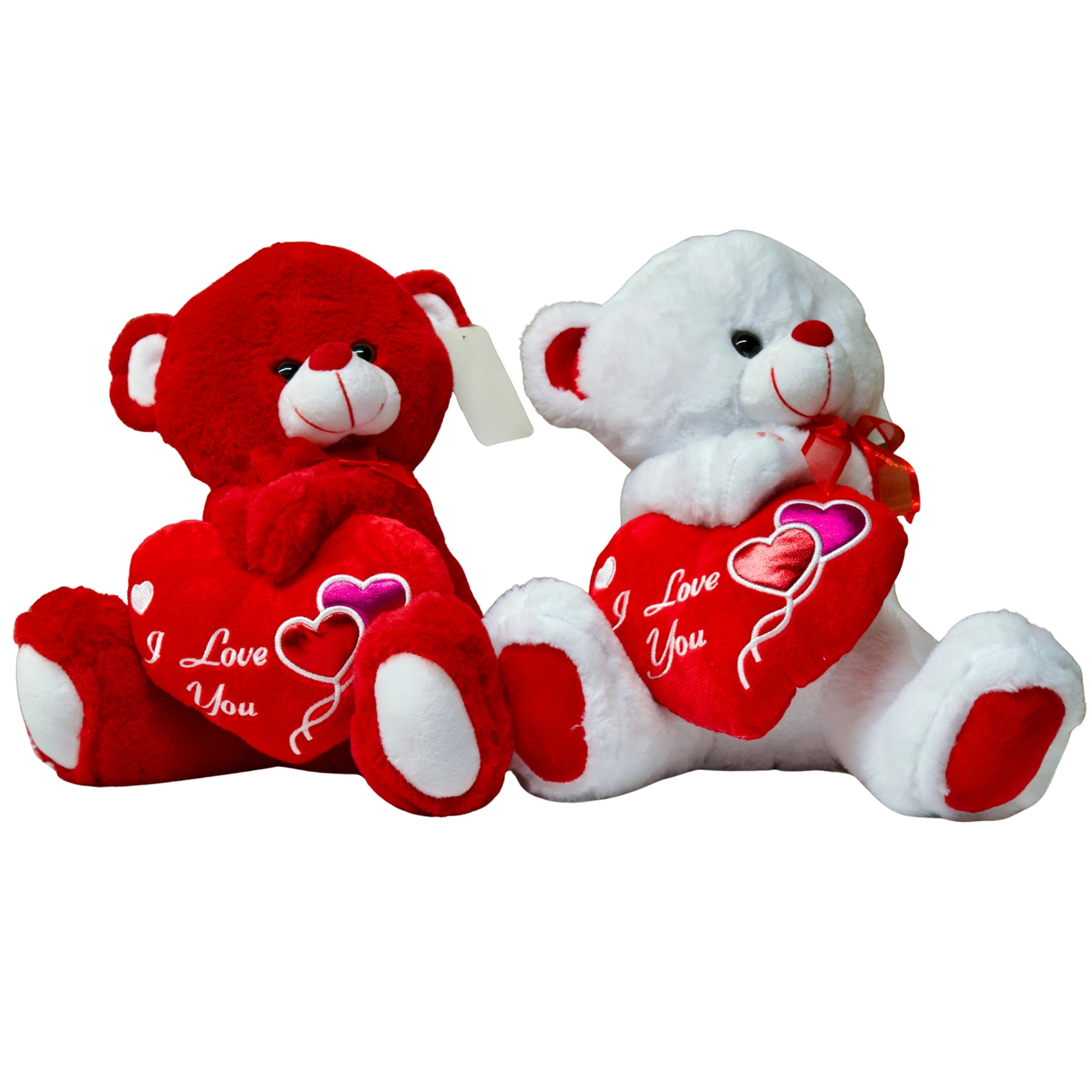 Two teddy bears, one red and one white, each holding a heart with 'I Love You' text on a white background.