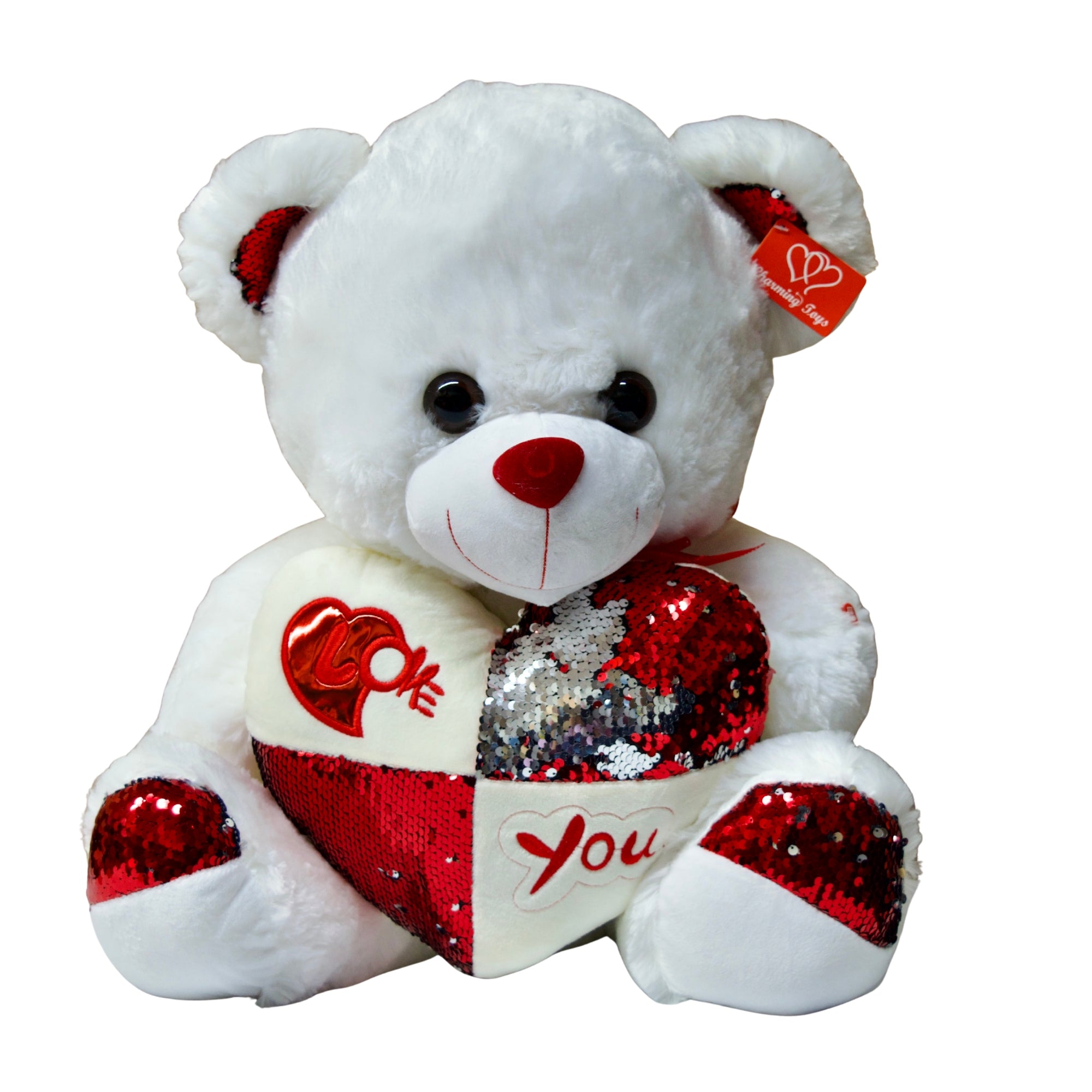 Two teddy bears, one red and one white, each holding a heart with 'I Love You' text on a white background.