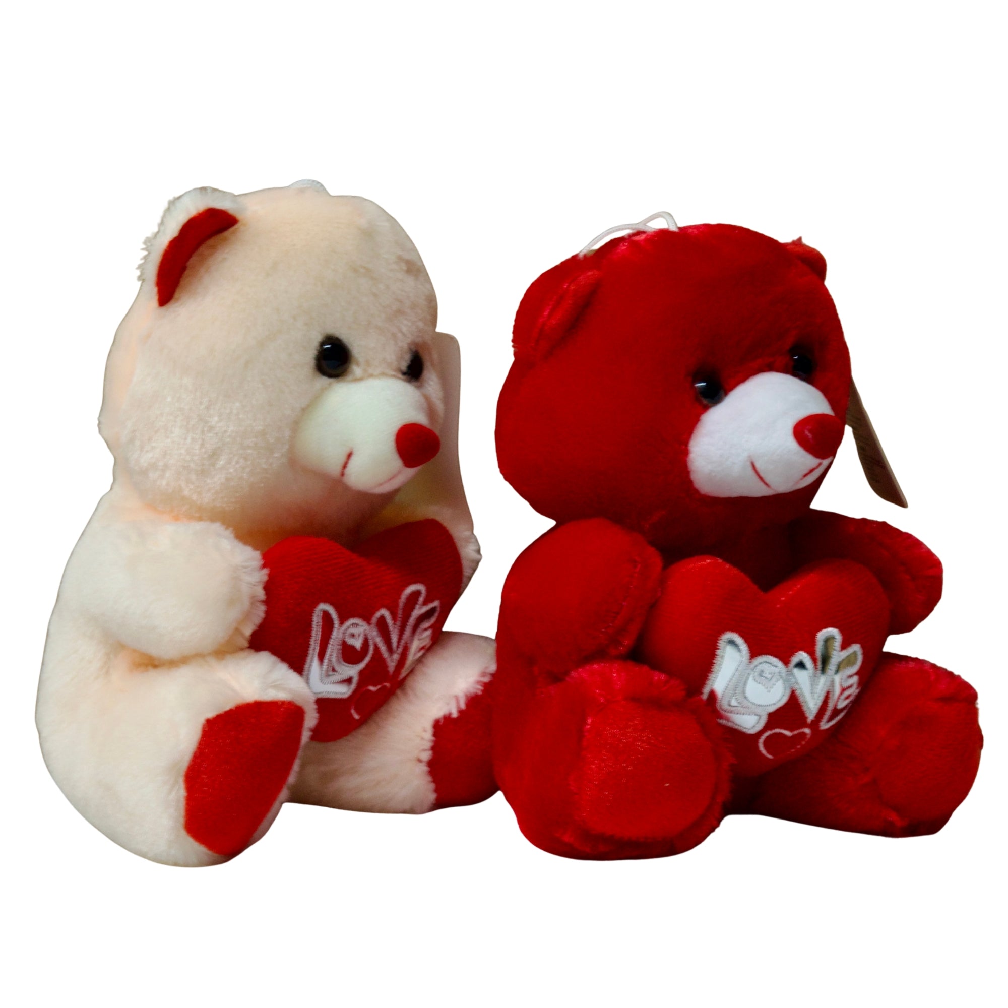 Two teddy bears, one white and one red, holding hearts with 'Love' on a white background.
