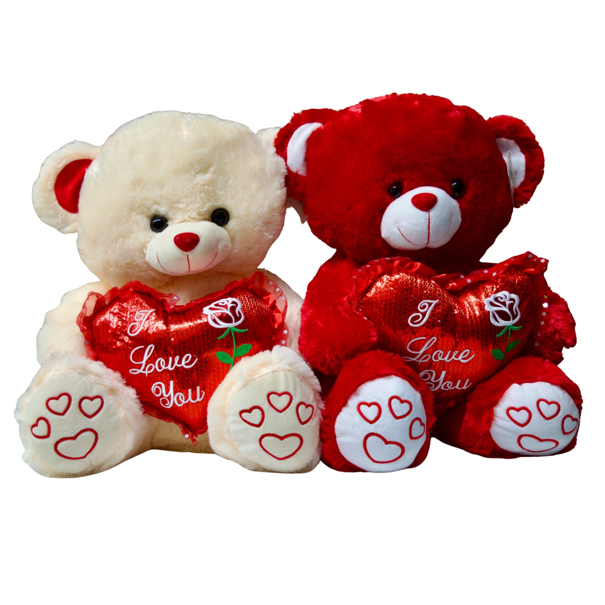 Two teddy bears, one white and one red, with 'I Love You' hearts on a white background.