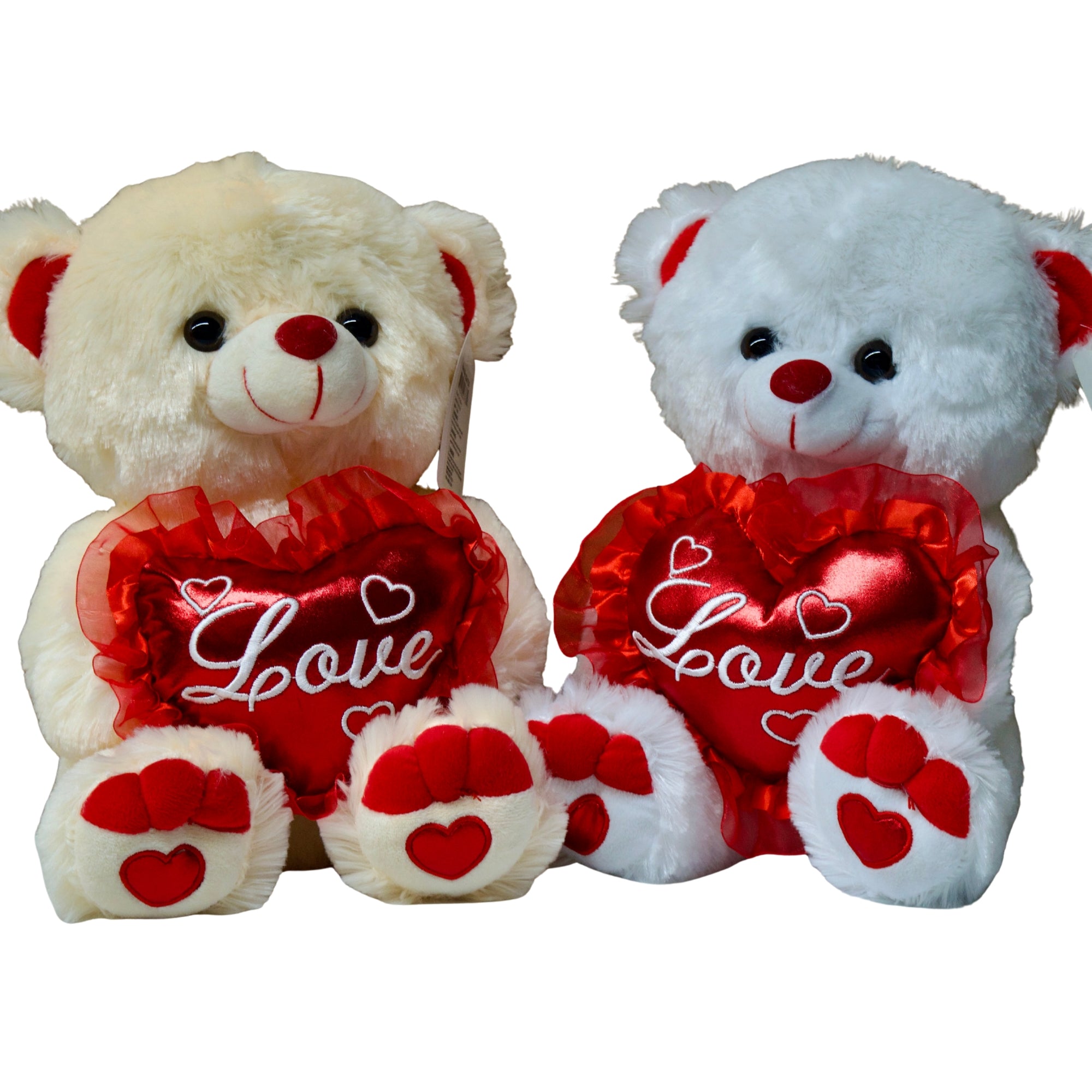 Two teddy bears with red hearts displaying the word 'Love' on a white background