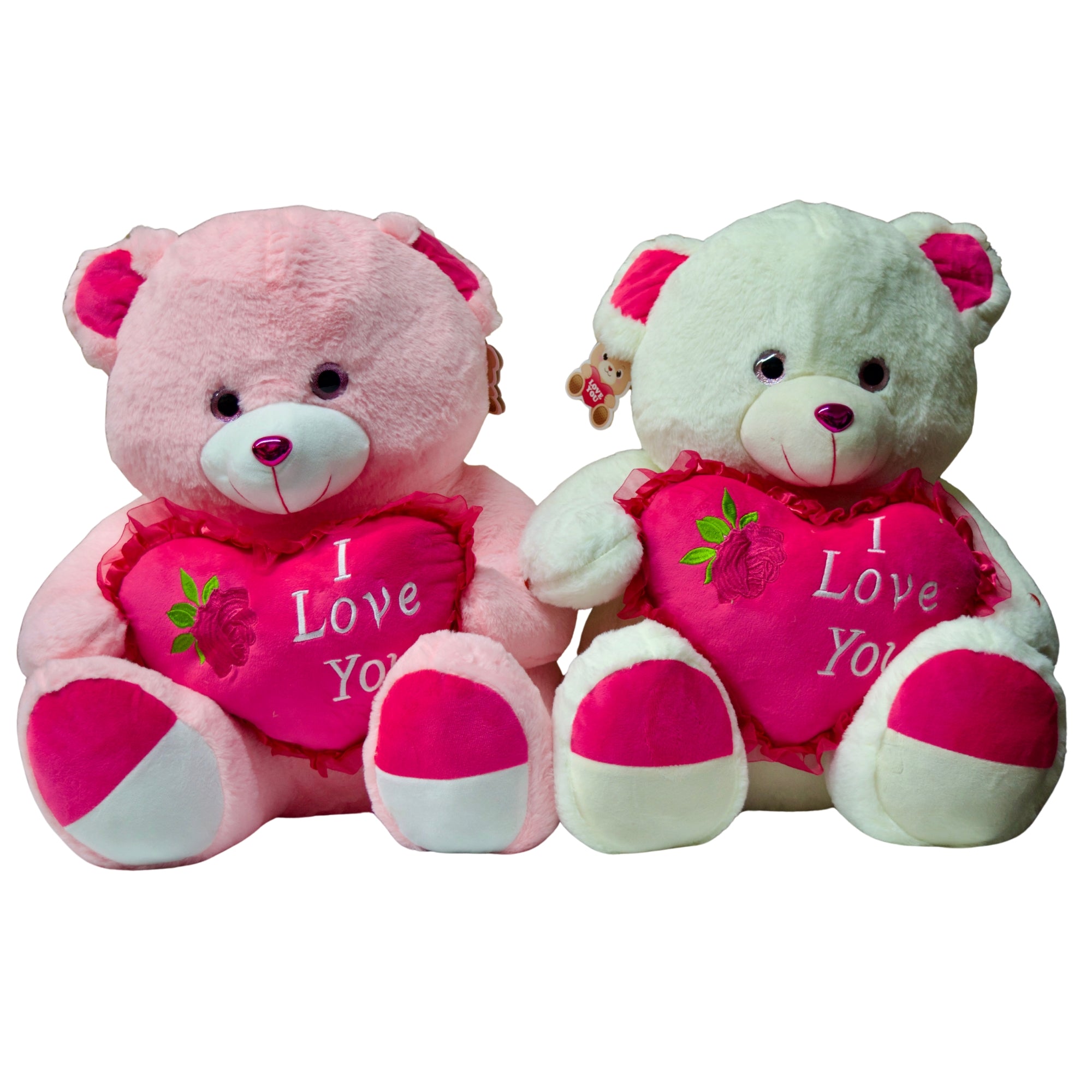 White teddy bear holding a red heart with 'I Love You' text on a white background